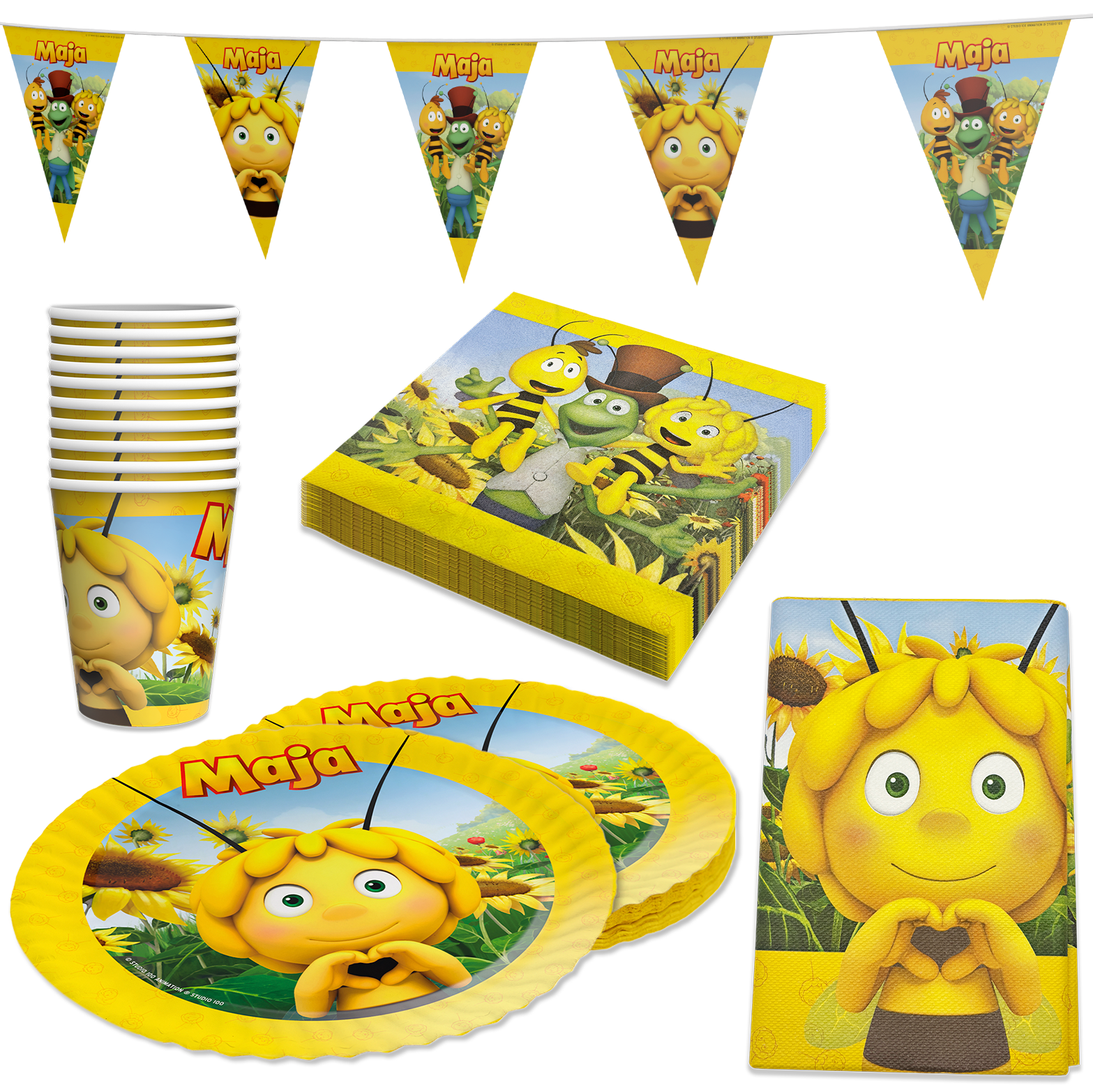 Biene Maja 74-tlg. Set – Geburtstag Deko mit Wimpel Tischdecke Servietten