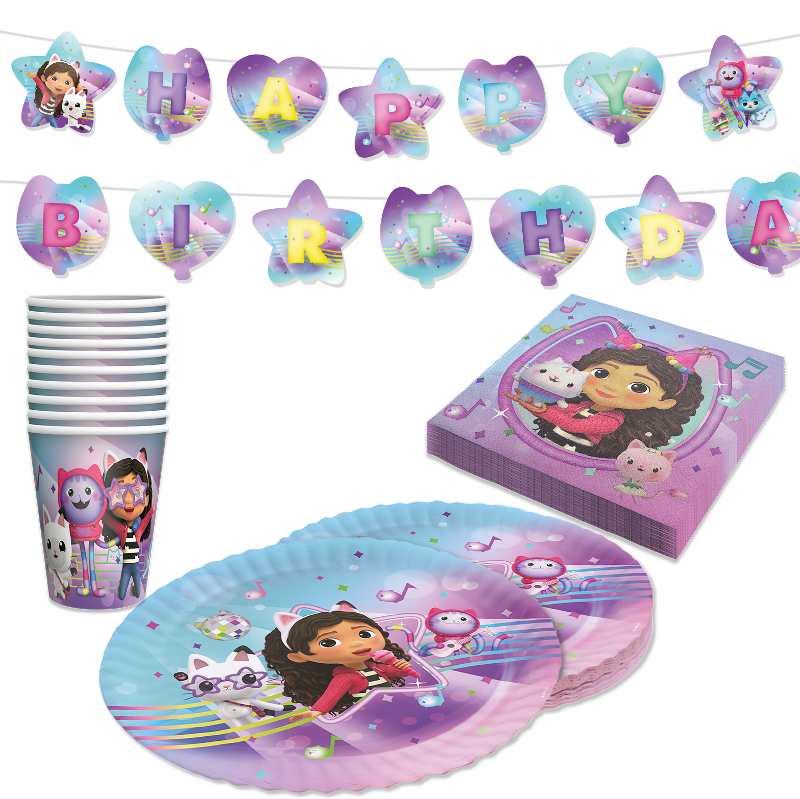 Gabby’s Dollhouse Partyset 37-tlg – Teller, Becher, Servietten & Wimpelkette