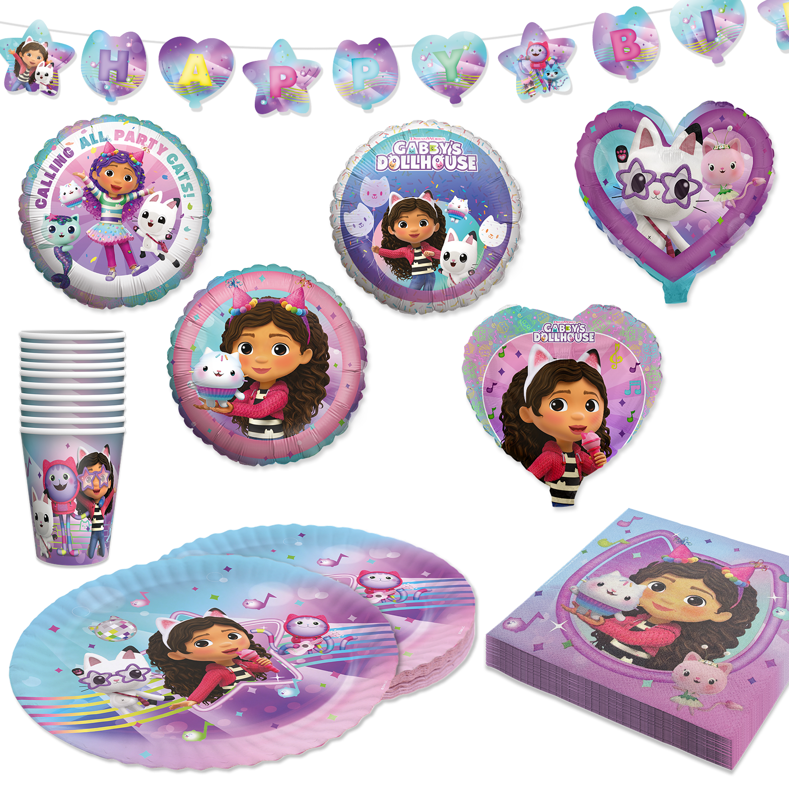 Gabby’s Dollhouse Partyset 47-tlg – Teller, Becher, Servietten, Deko, Ballons