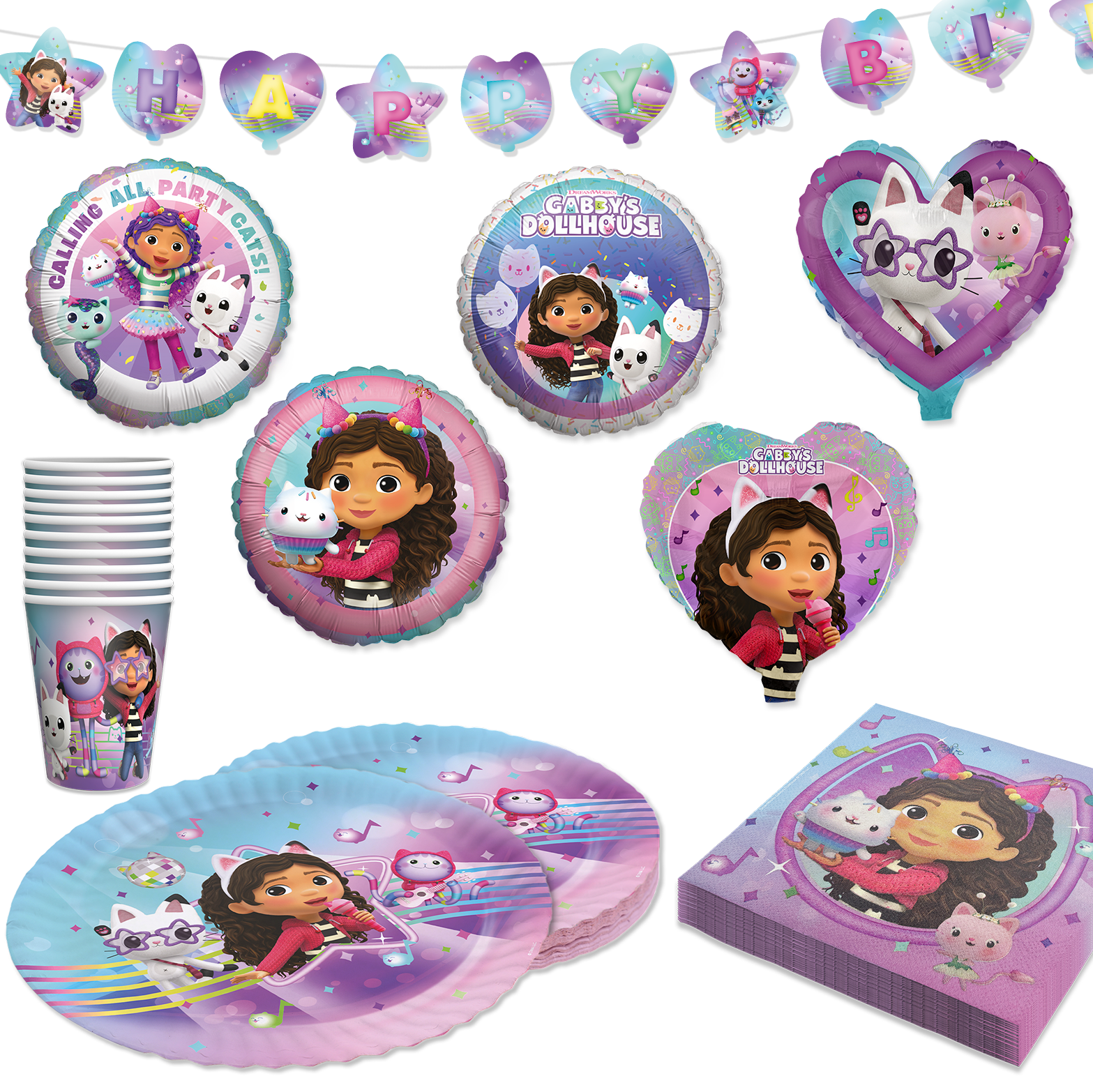 Gabby’s Dollhouse Partyset 41-tlg – Teller, Becher, Servietten, Deko, Ballons