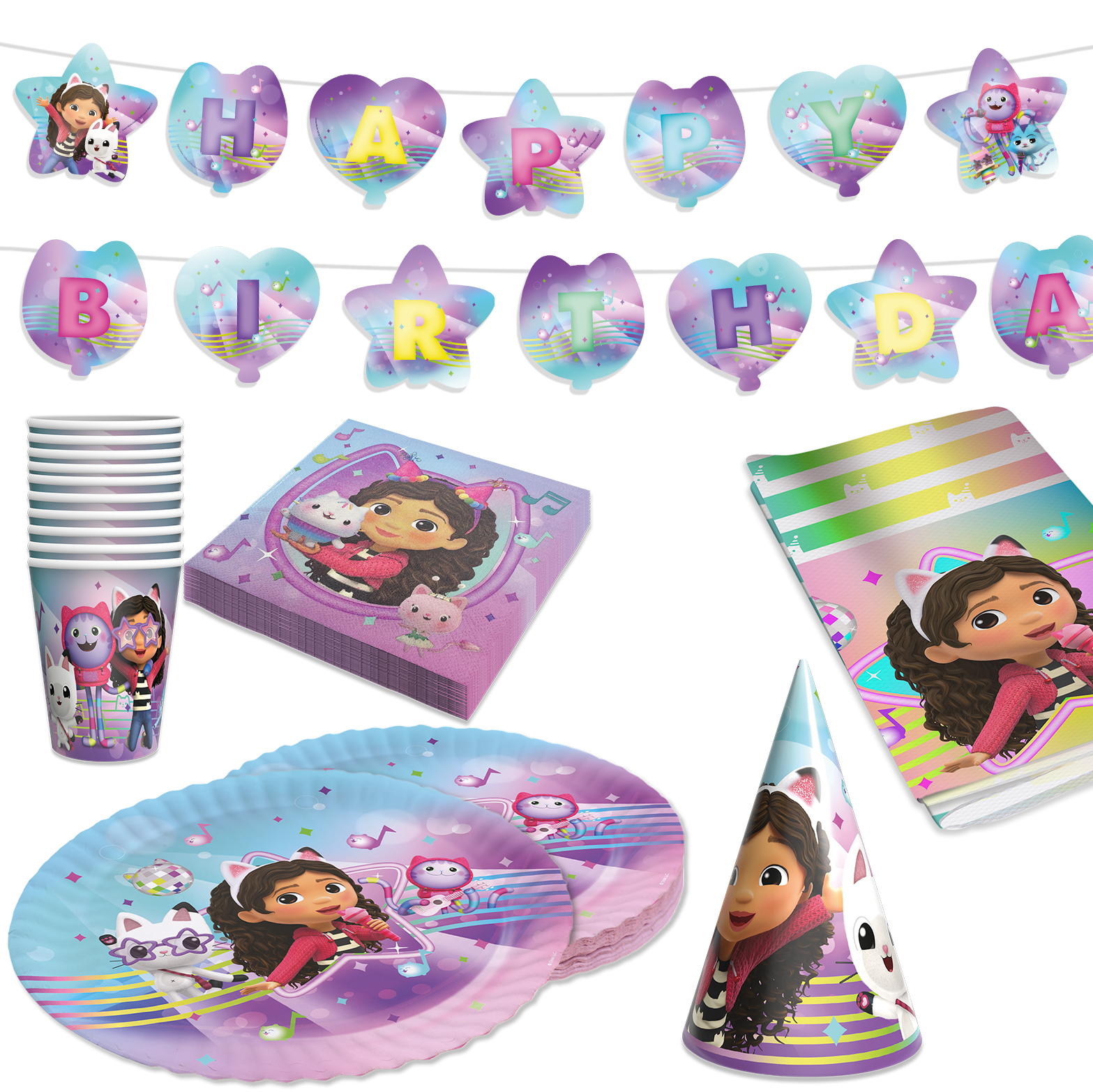 Gabby’s Dollhouse Partyset 48-tlg – Teller, Becher, Servietten, Deko & Hüte
