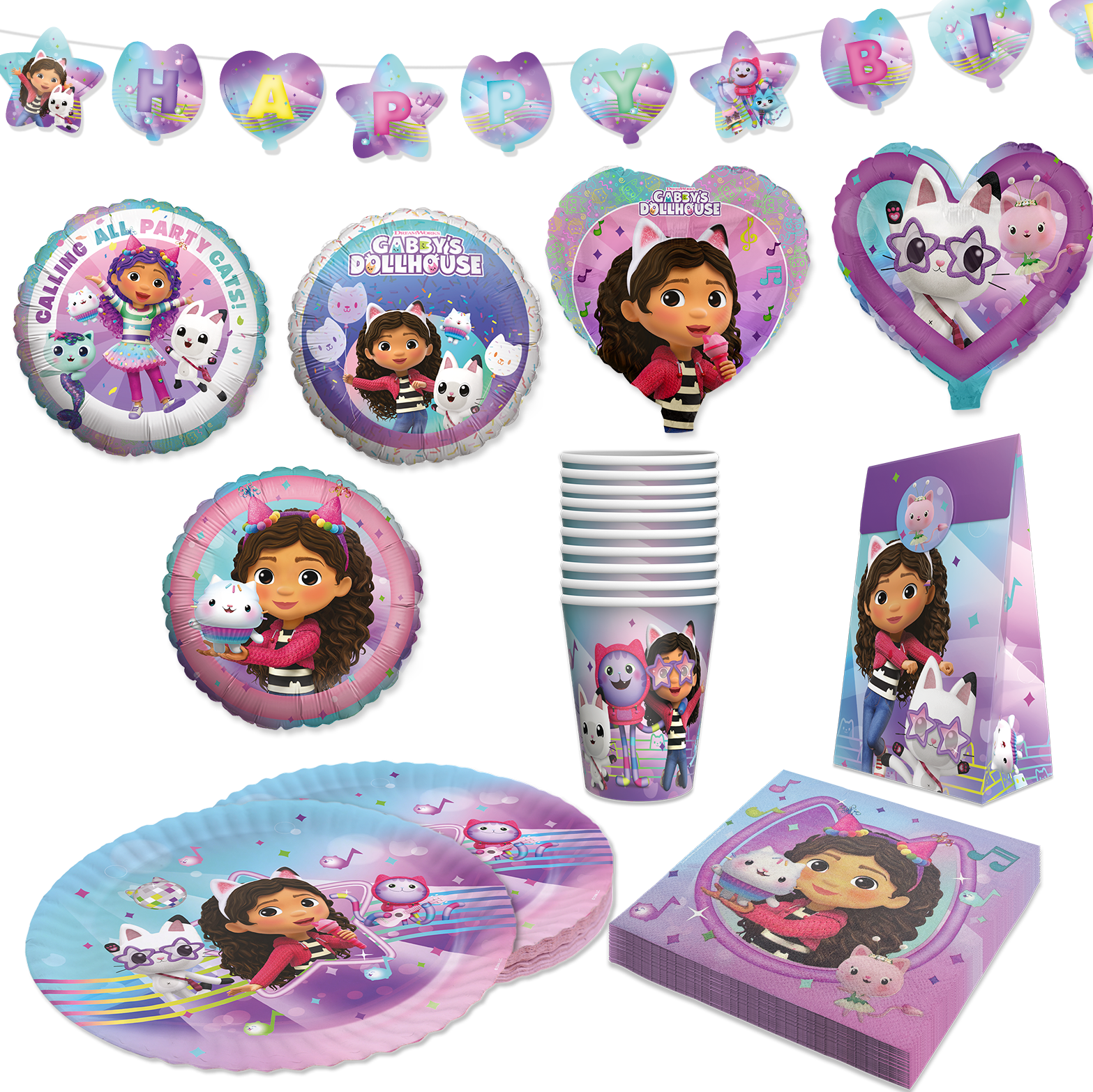 Gabby’s Dollhouse Partyset 57-tlg – Teller, Becher, Servietten, Deko, Ballons
