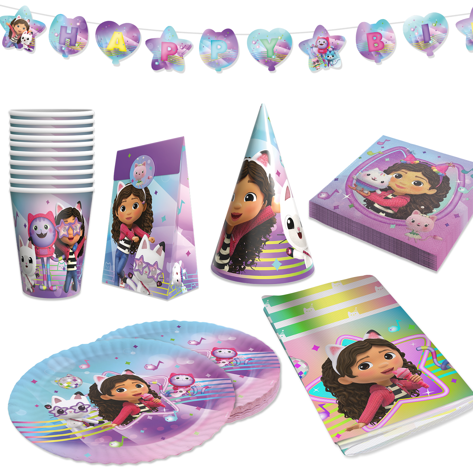 Gabby’s Dollhouse Partyset 114-tlg – Teller, Becher, Servietten, Wimpel, Deko