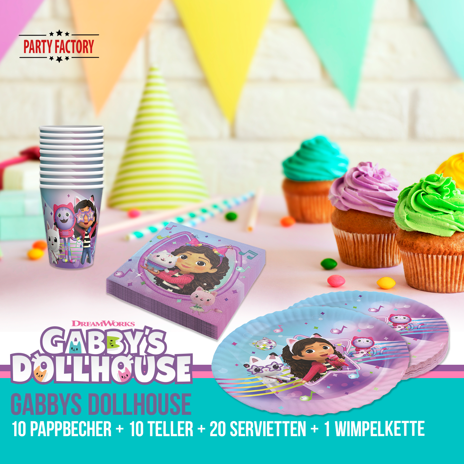 Gabby’s Dollhouse Partyset 37-tlg – Teller, Becher, Servietten & Wimpelkette 2