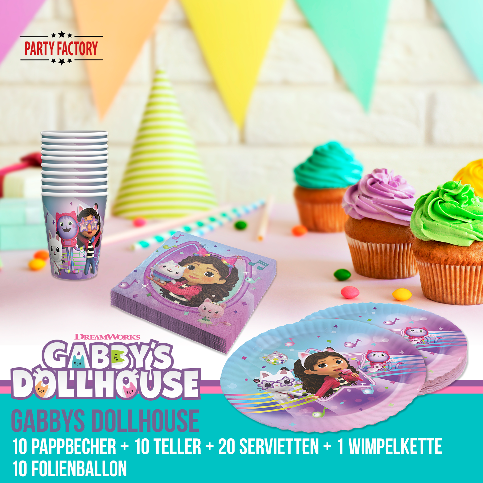 Gabby’s Dollhouse Partyset 47-tlg – Teller, Becher, Servietten, Deko, Ballons 2