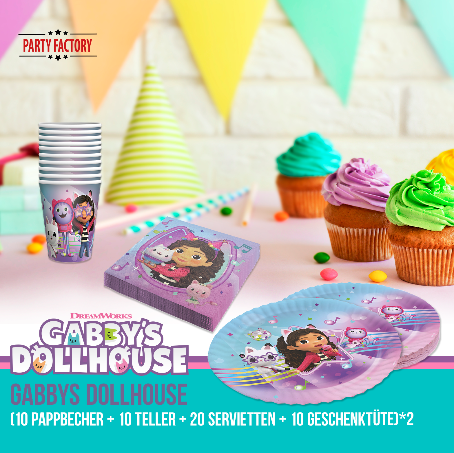 Gabby’s Dollhouse Partyset 92-tlg – Teller, Becher, Servietten & Geschenktüten 2