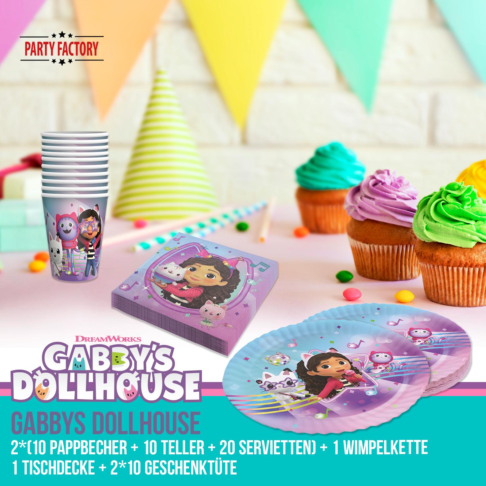 Gabby’s Dollhouse Partyset 93-tlg – Geschirr, Servietten, Geschenktüten, Deko 2