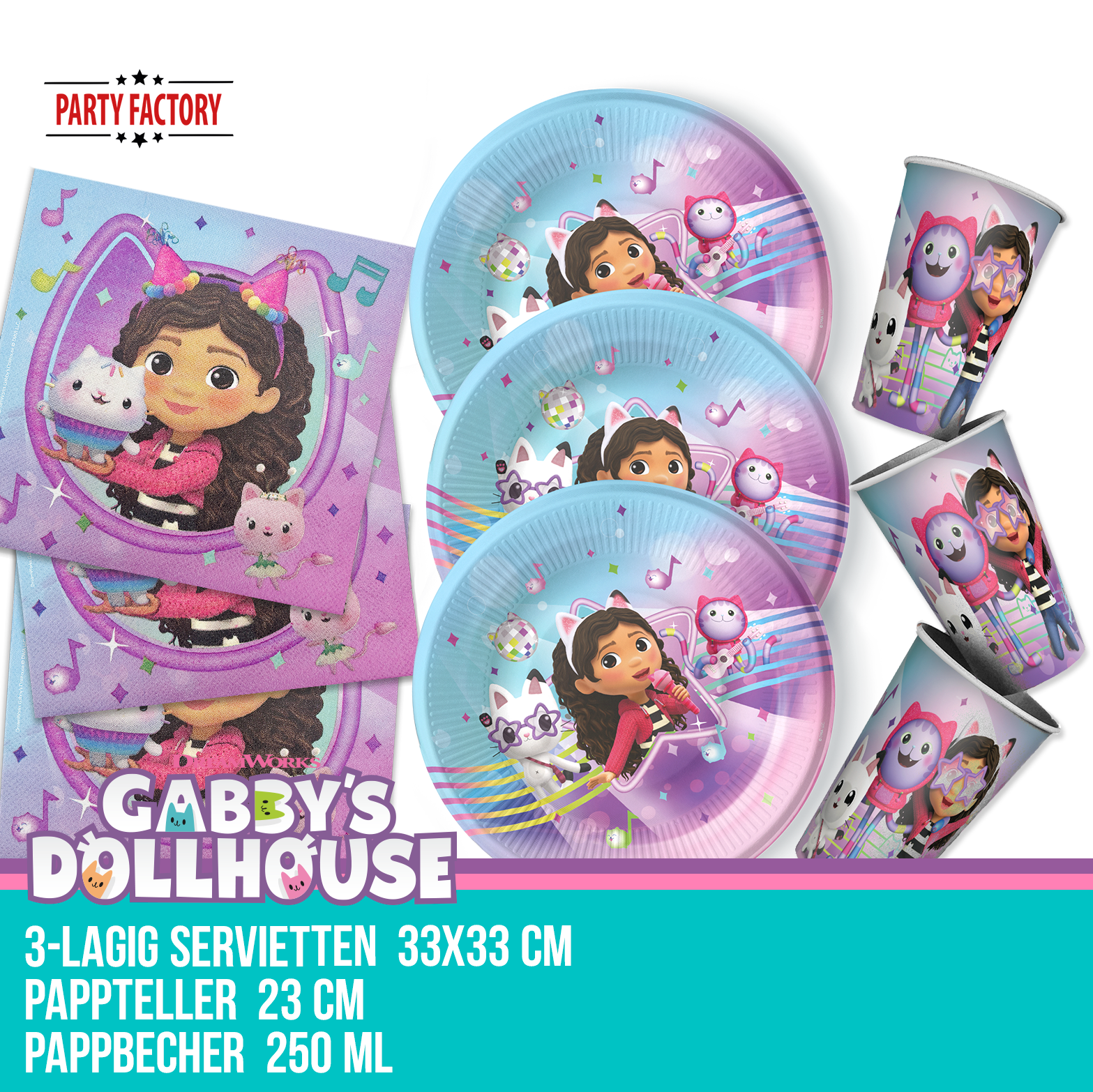 Gabby’s Dollhouse Partyset 36-tlg – 8 Becher, 8 Teller, 20 Servietten 2