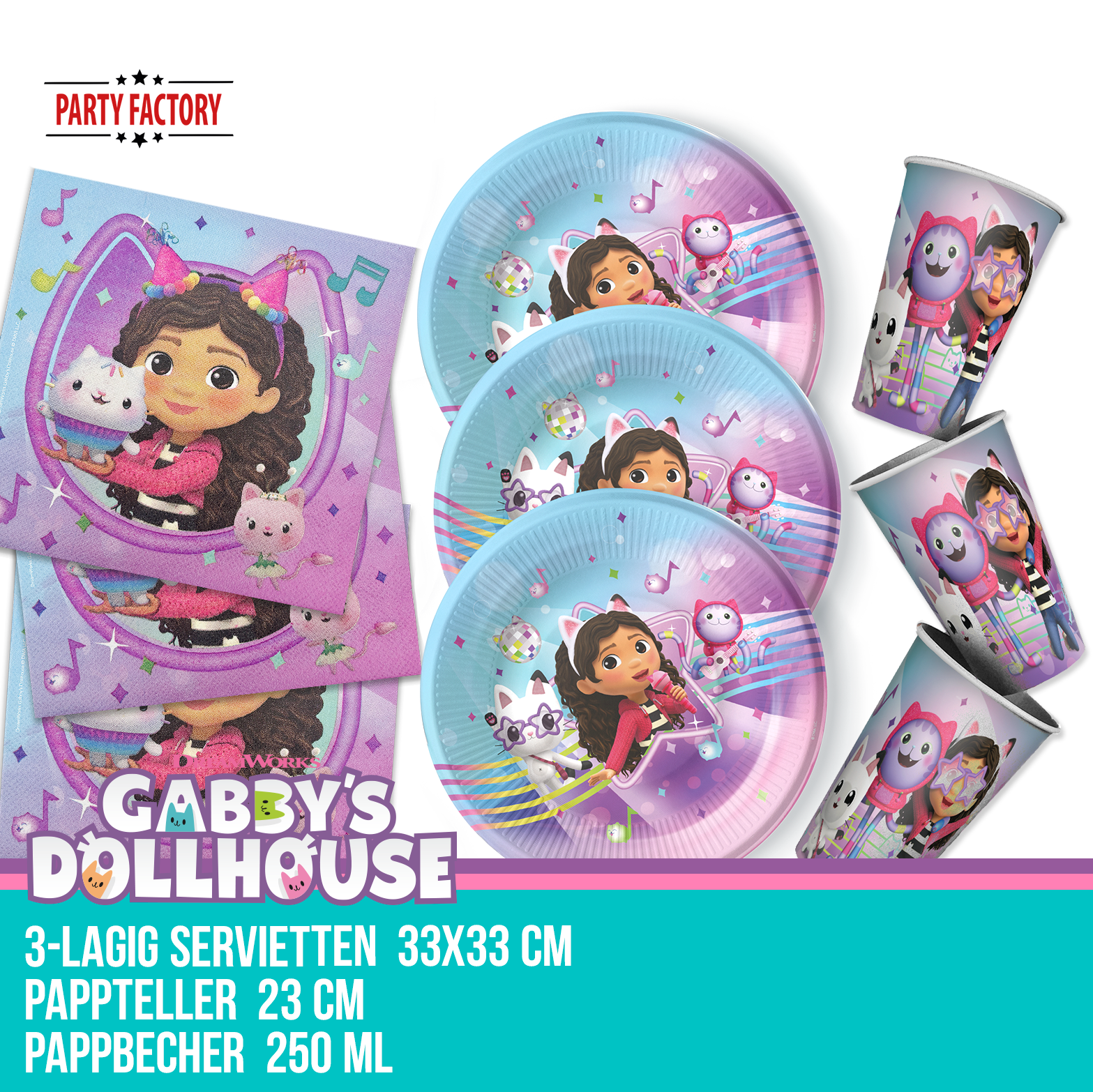 Gabby’s Dollhouse Partyset 114-tlg – Teller, Becher, Servietten, Wimpel, Deko 2