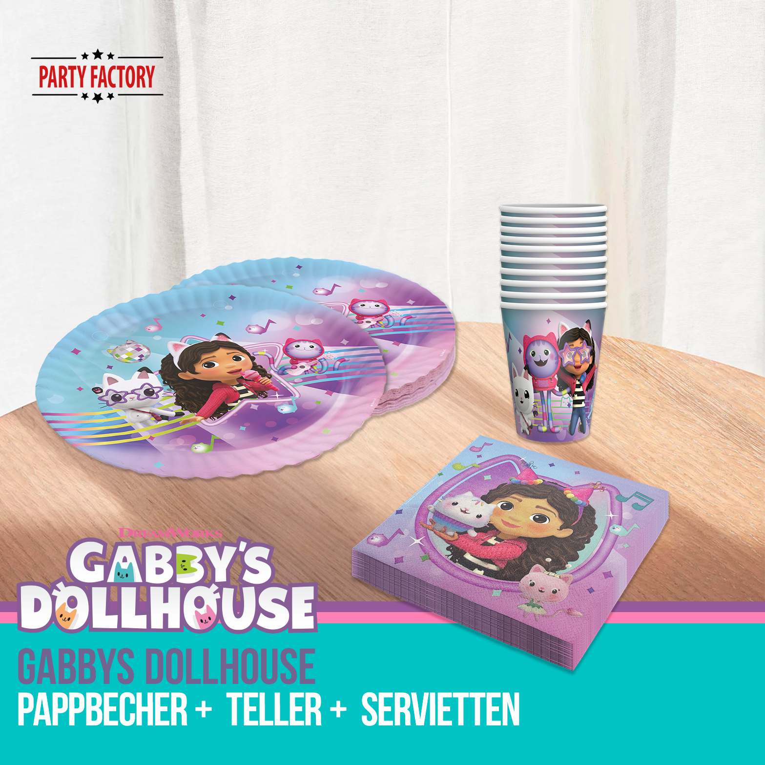 Gabby’s Dollhouse Partyset 72-tlg 16 Teller, 16 Becher & 40 Servietten 3