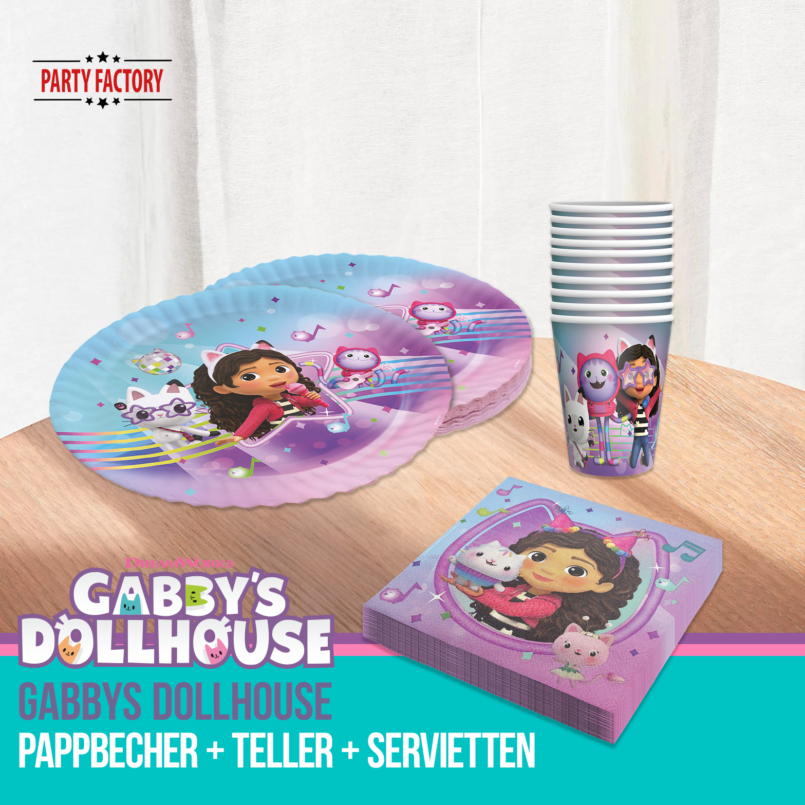 Gabby’s Dollhouse Partyset 37-tlg – Teller, Becher, Servietten & Wimpelkette 5