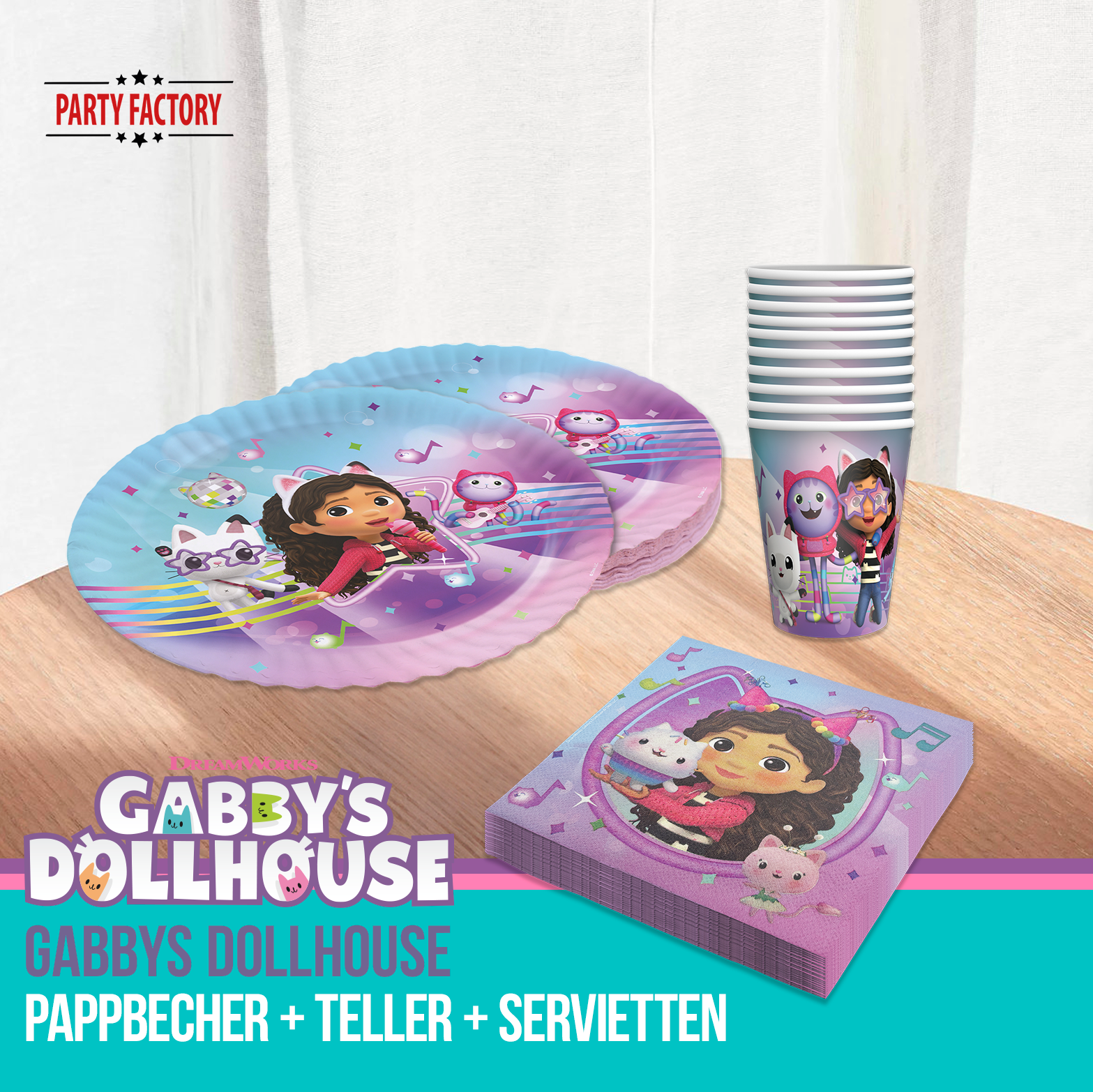 Gabby’s Dollhouse Partyset 94-tlg 16 Teller, 16 Becher, 40 Servietten, Deko 4