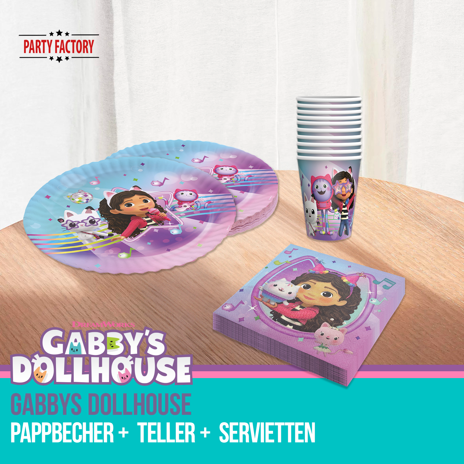Gabby’s Dollhouse Partyset 48-tlg – Geschirr, Wimpel, Tischdecke, Geschenktüten 4