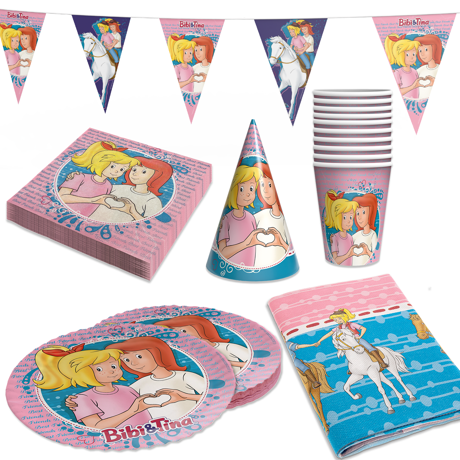 Bibi & Tina 94-tlg. Party Set – Geburtstag Deko mit Tischdecke Wimpel Hüte