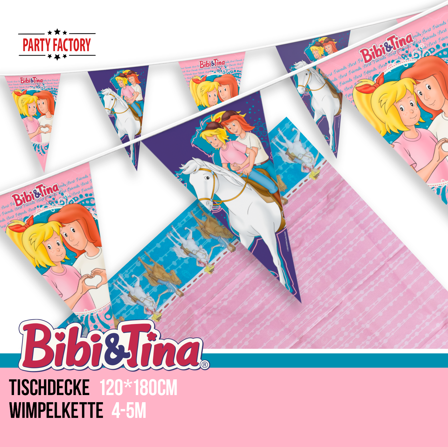 Bibi & Tina 48-tlg. Party Set – Kindergeburtstag Deko Tischdecke Wimpel Hüte 4