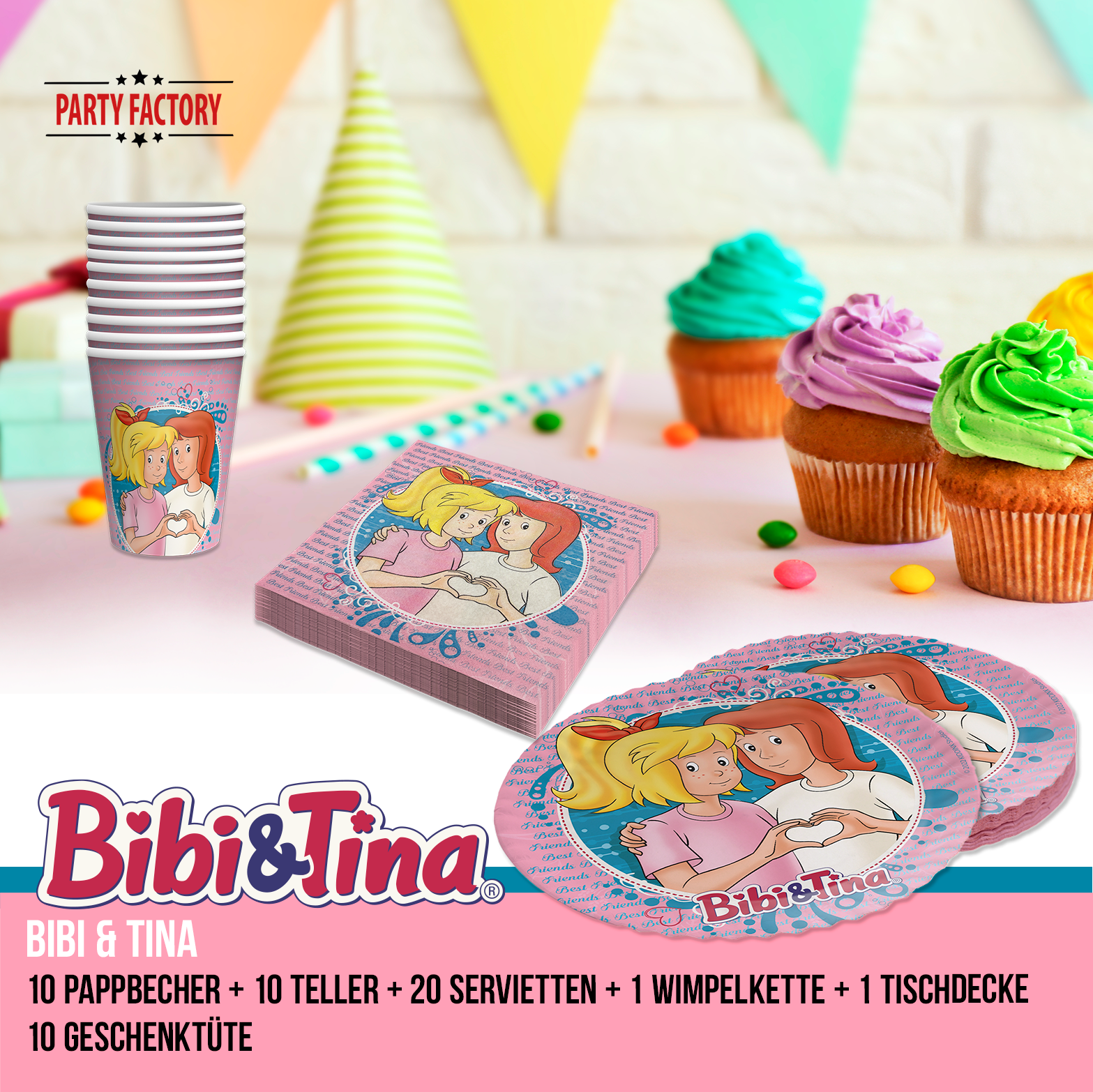 Bibi & Tina 48-tlg. Party Set – Deko Tischdecke Wimpel Geschenktüten 2