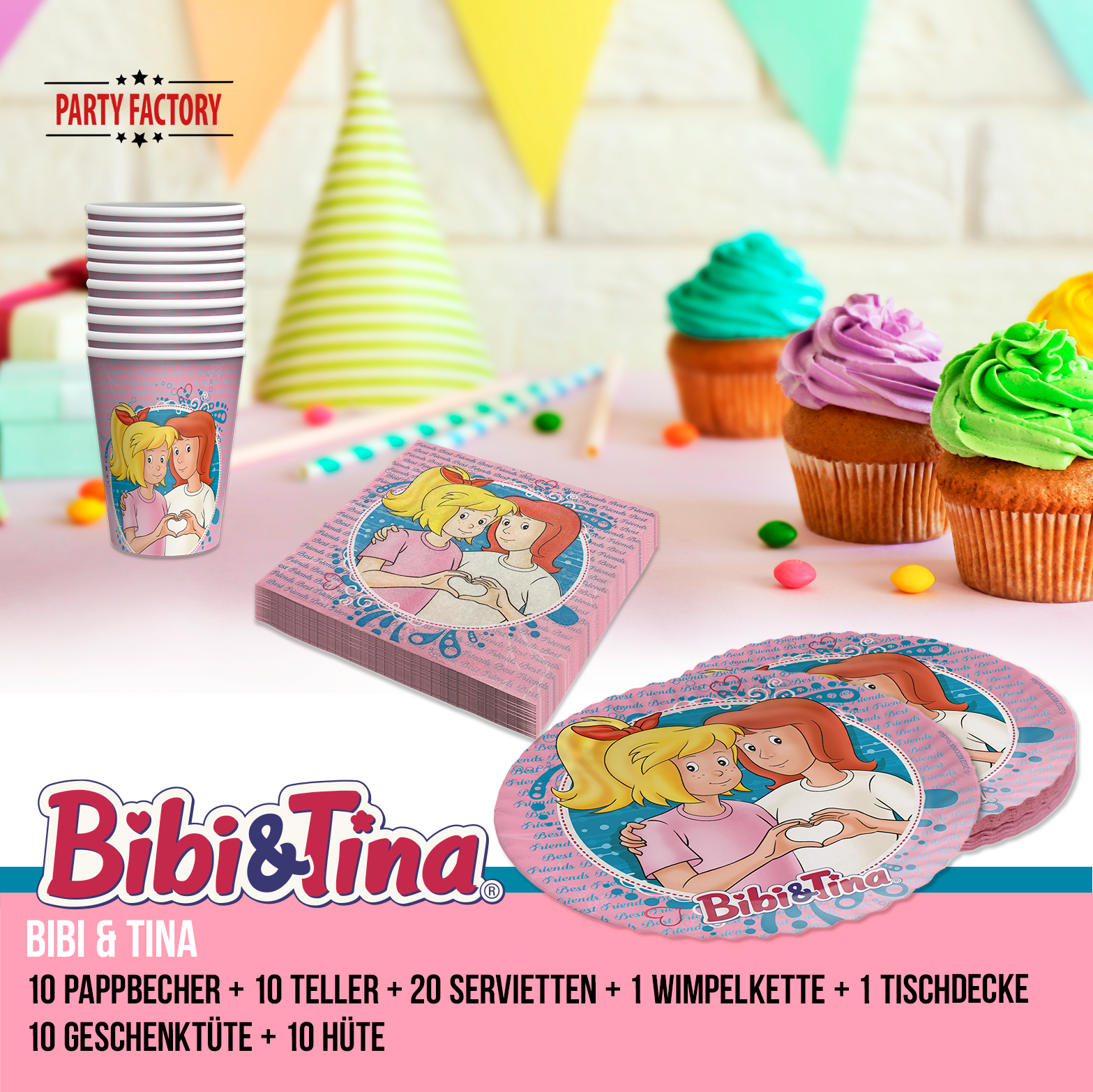 Bibi & Tina 58-tlg. Set – Geburtstag Deko Tischdecke Wimpel Hüte Tüten 2