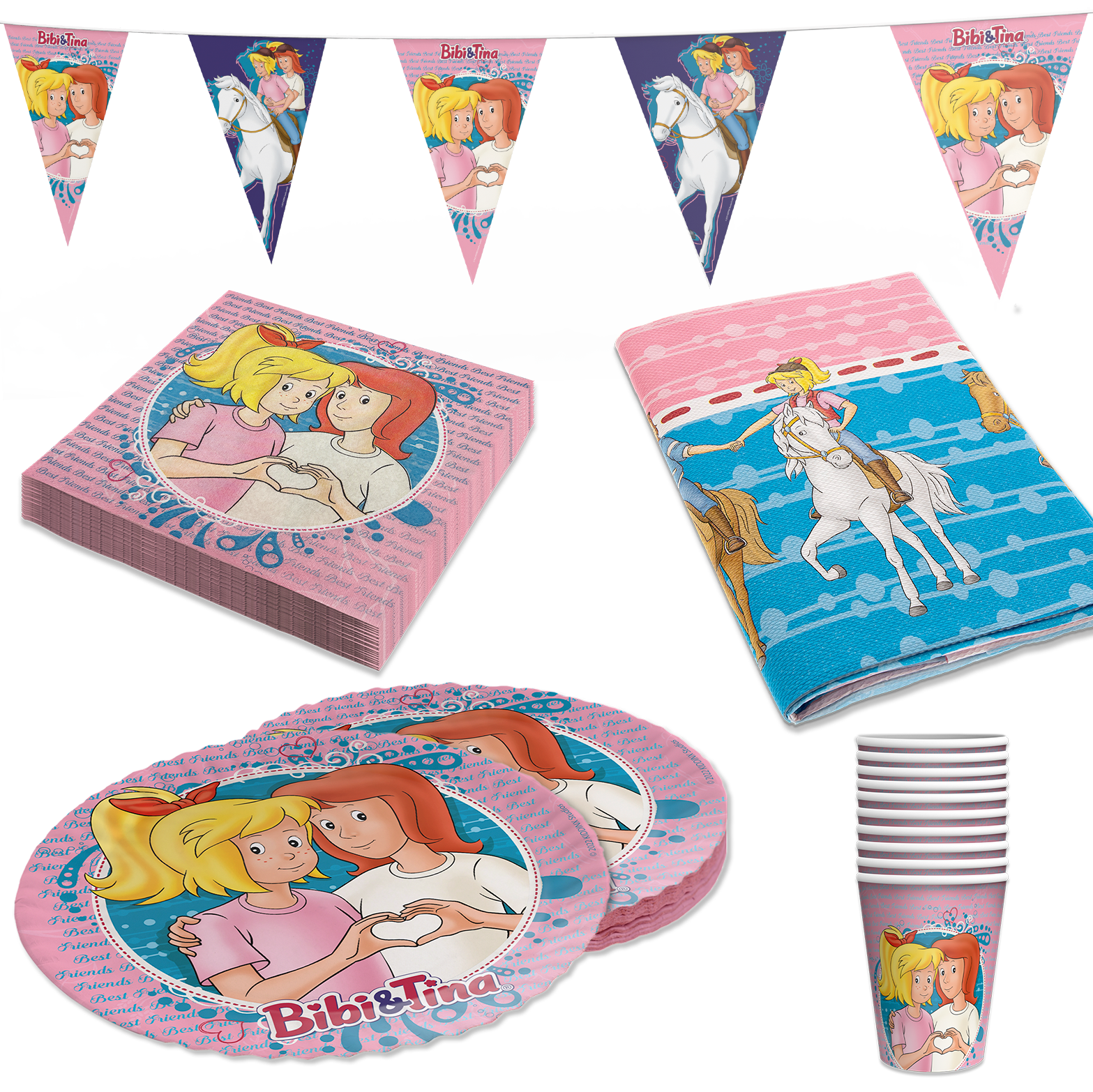 Bibi & Tina 74-tlg. Set - 16 Becher 16 Teller 40 Servietten Wimpel Tischdecke