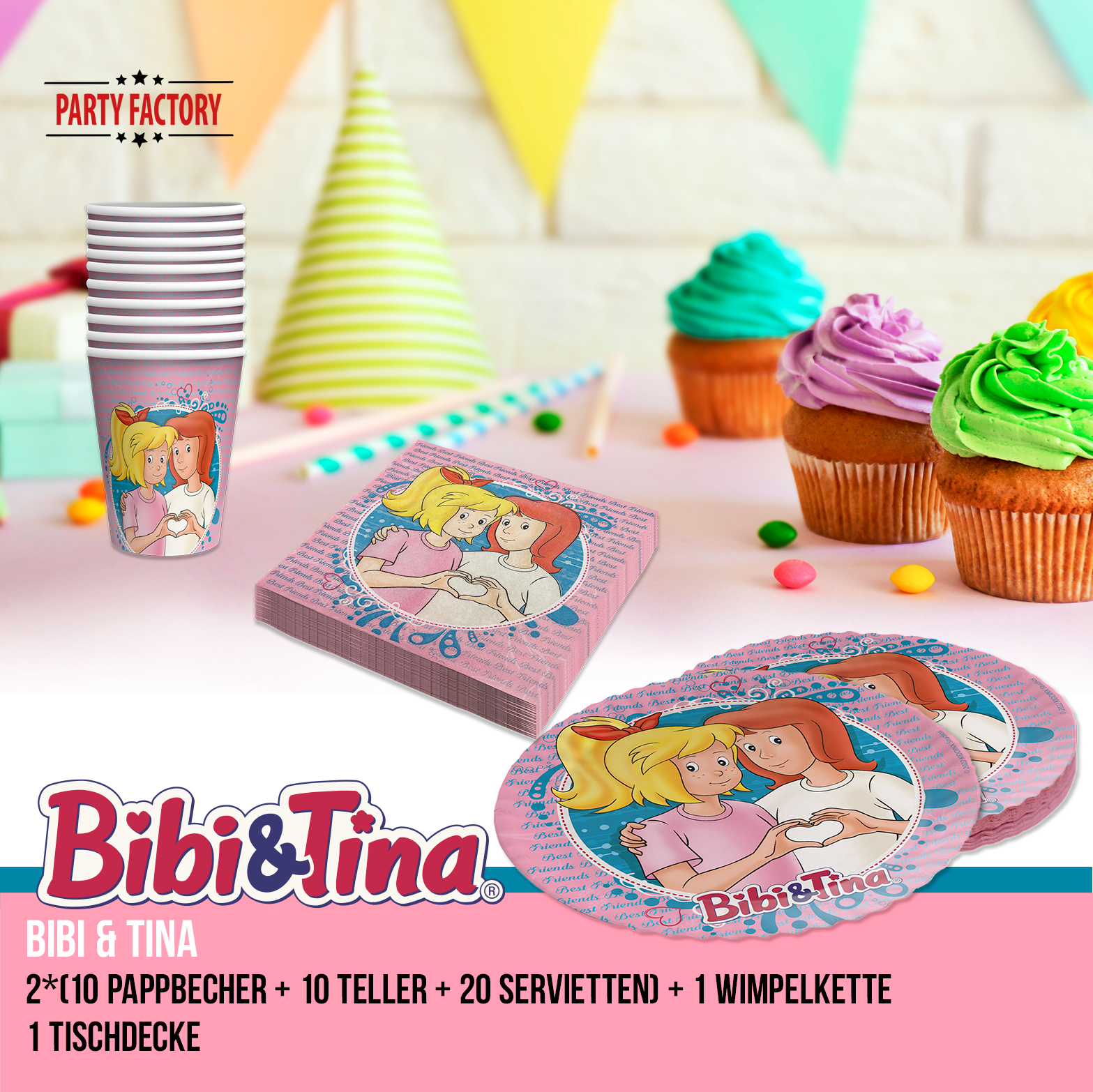 Bibi & Tina 74-tlg. Set - 16 Becher 16 Teller 40 Servietten Wimpel Tischdecke 2