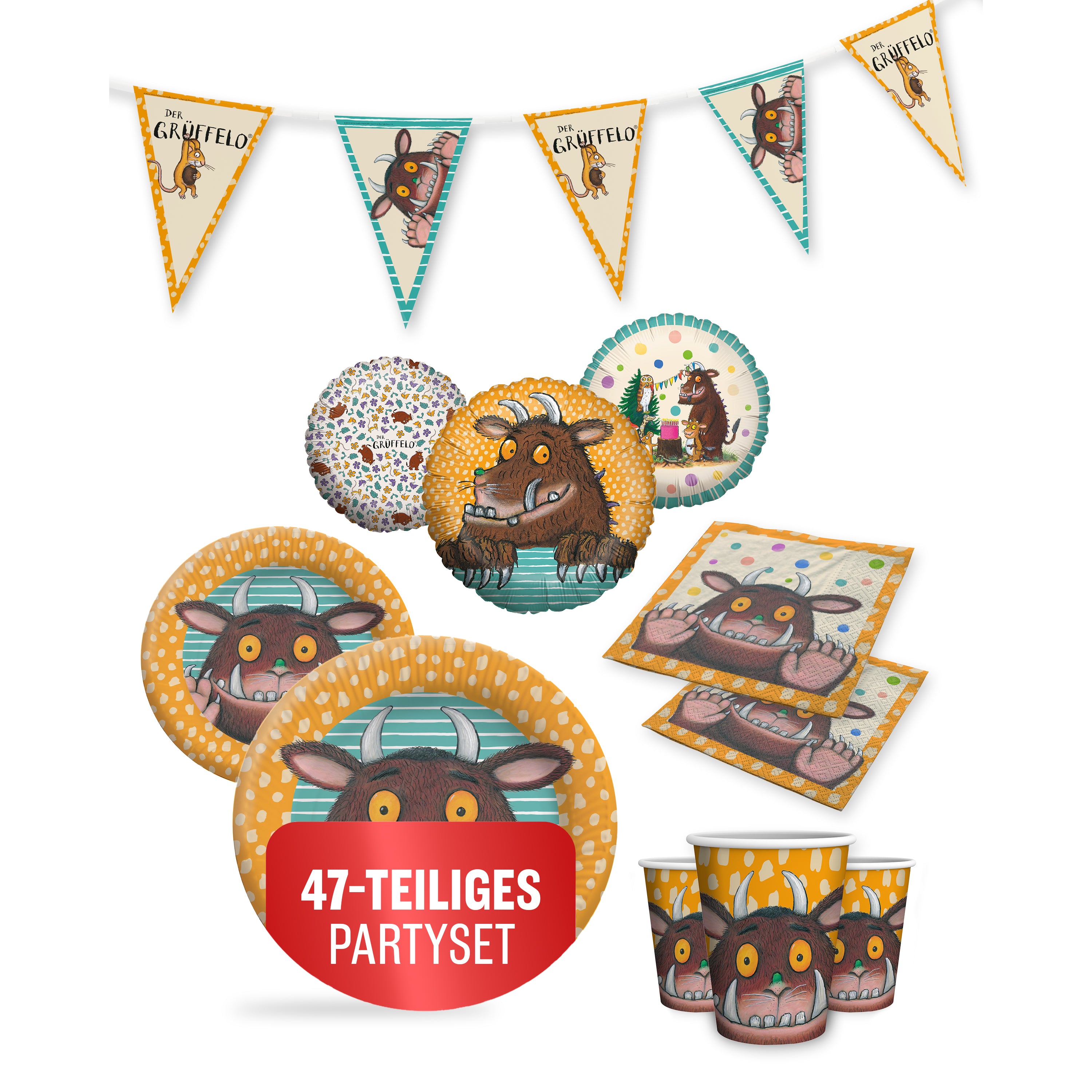Grüffelo 47-tlg. Party Set – Geburtstag Deko mit Ballons Wimpel Servietten