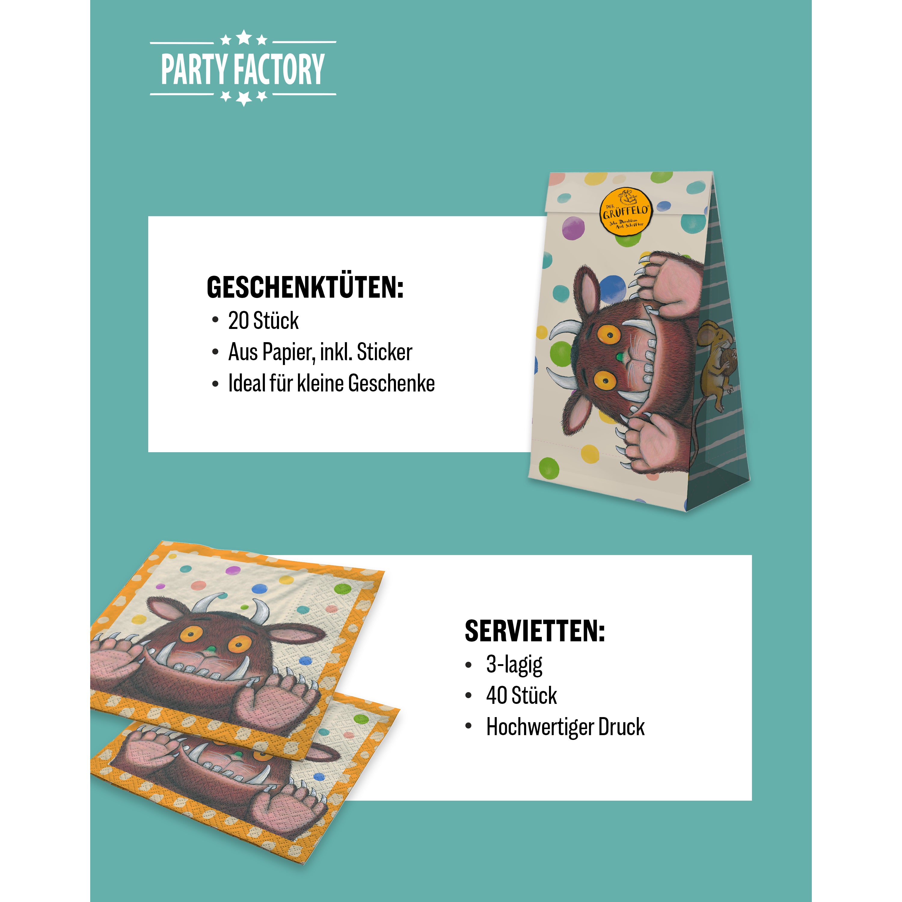 Grüffelo 92-tlg. Party Set – Geburstag Deko Geschenktüten Servietten Tellern 5