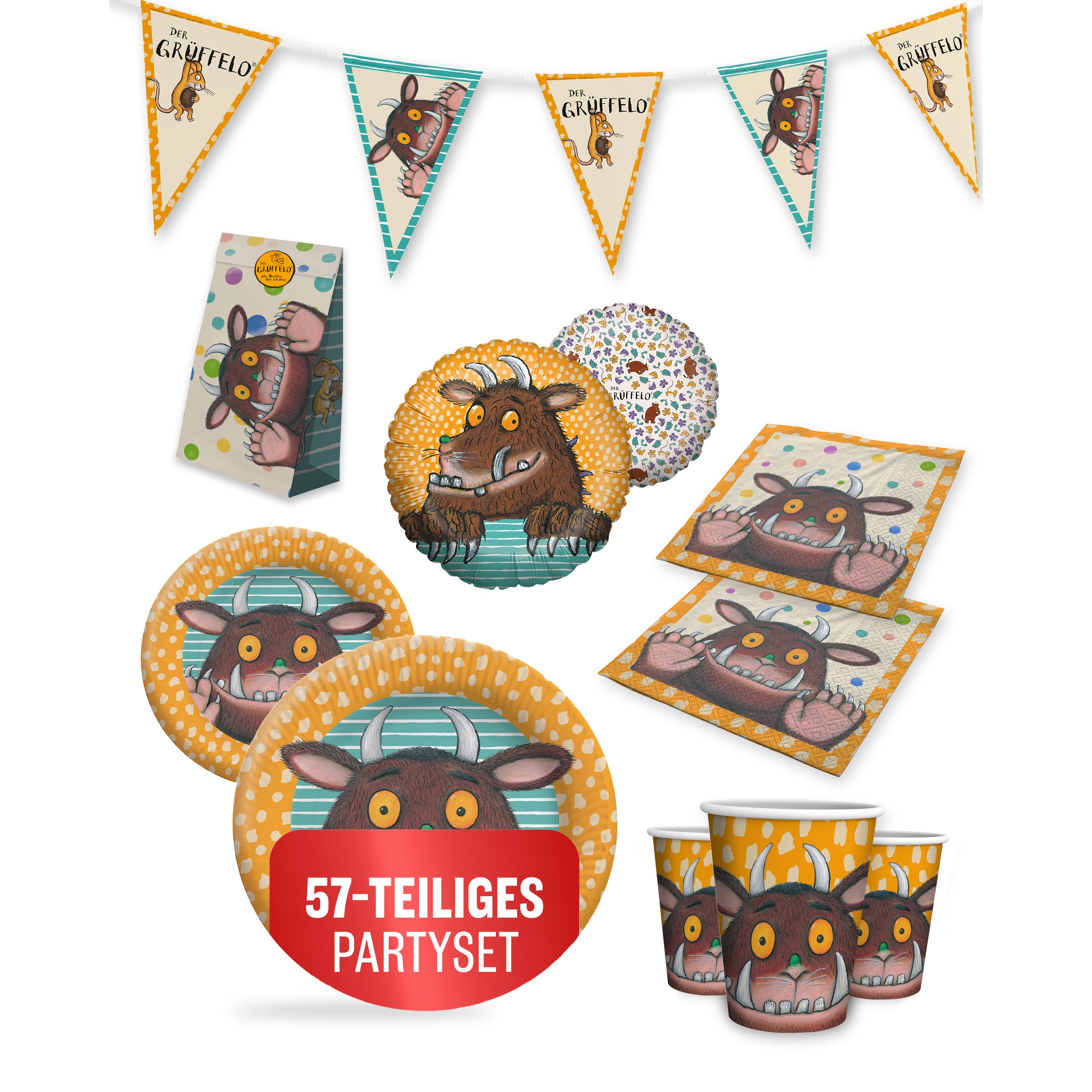 Grüffelo 57-tlg. Party Set – Geburtstag Deko Ballons Wimpel Geschenktüten