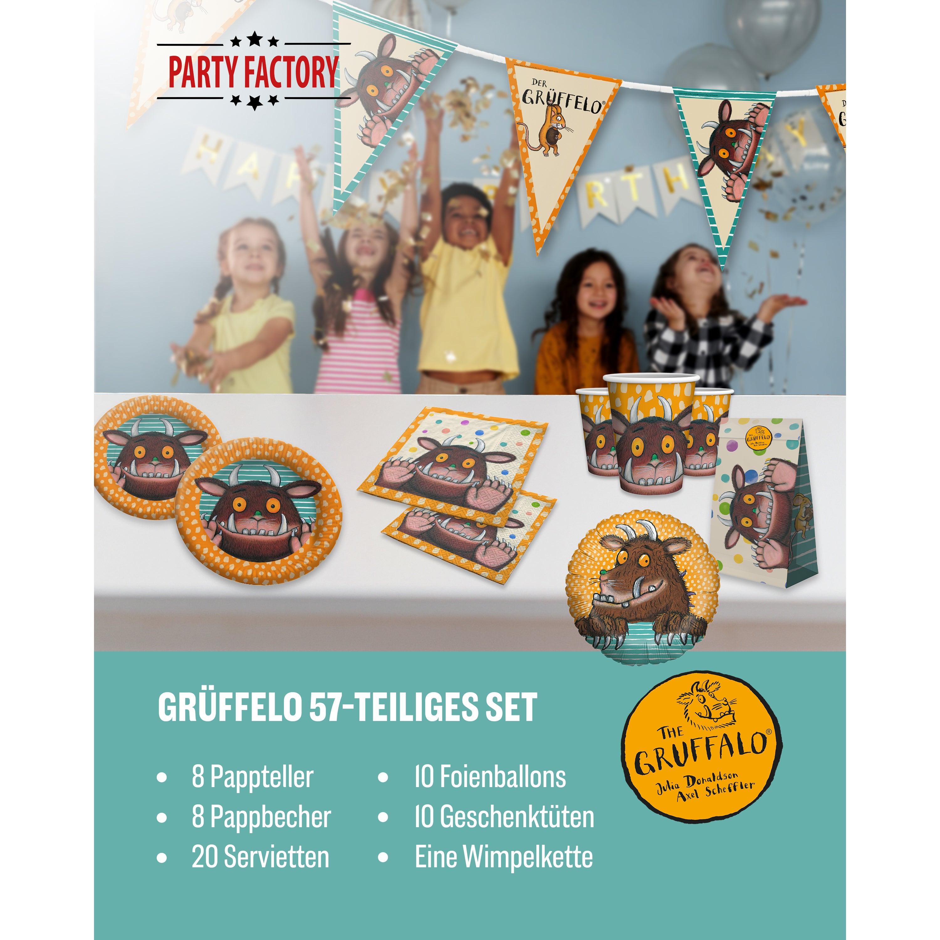 Grüffelo 57-tlg. Party Set – Geburtstag Deko Ballons Wimpel Geschenktüten 2