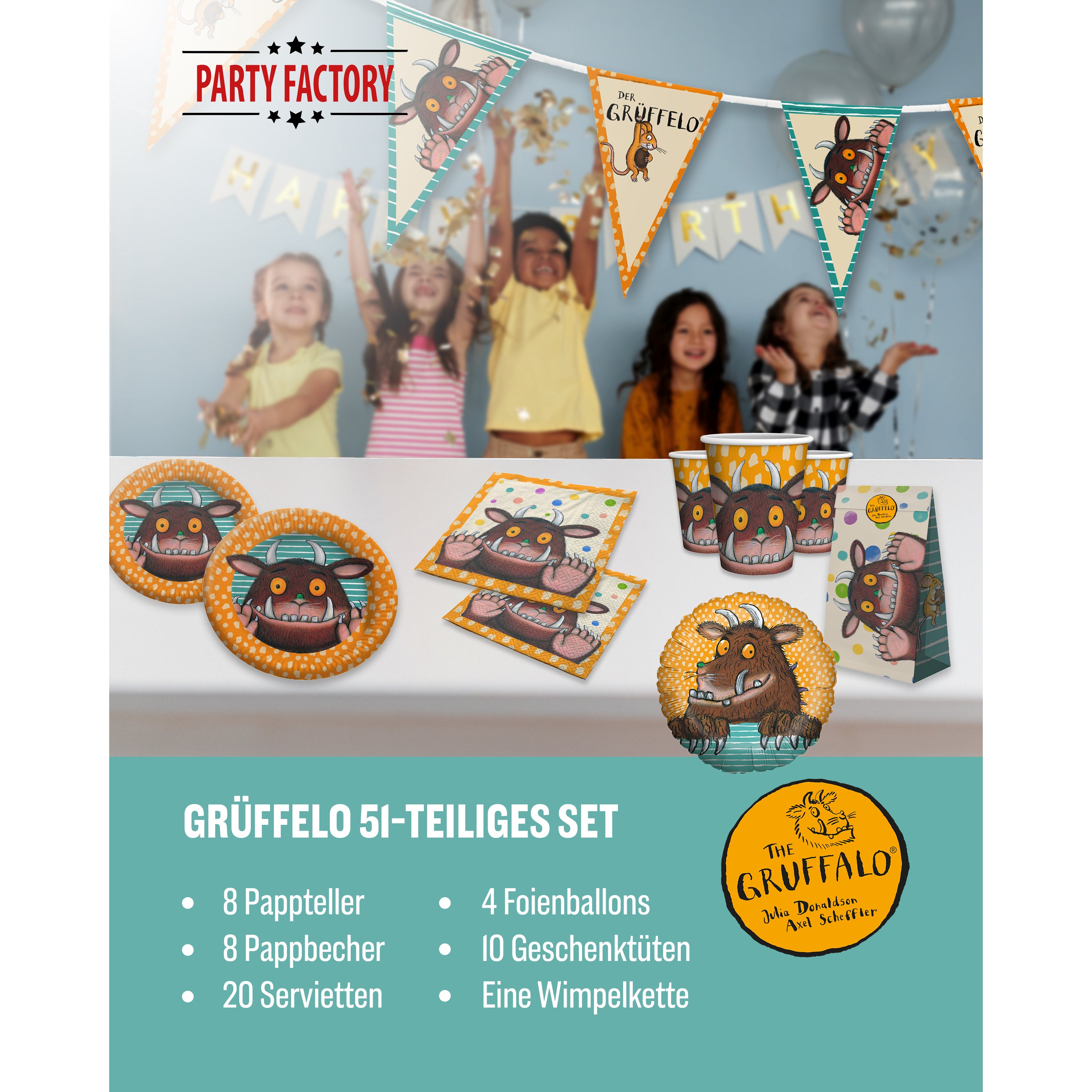 Grüffelo 51-tlg. Party Set – Geburtstag Deko mit Ballons Wimpel Geschenktüten 2