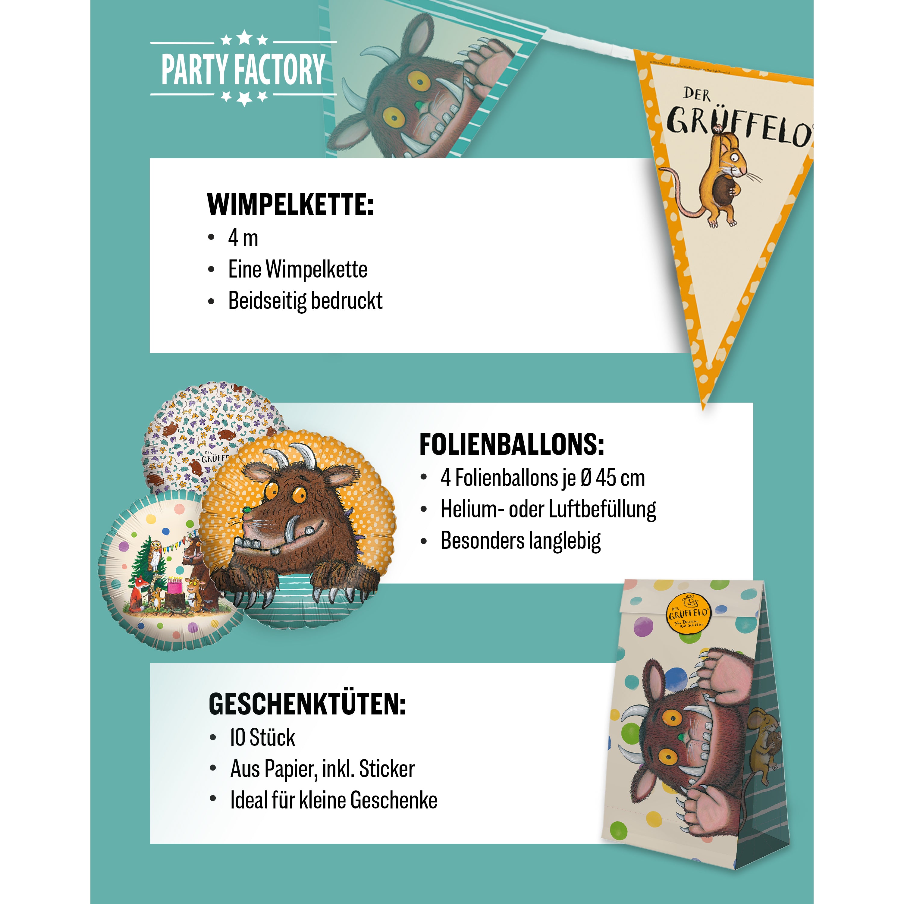 Grüffelo 51-tlg. Party Set – Geburtstag Deko mit Ballons Wimpel Geschenktüten 5