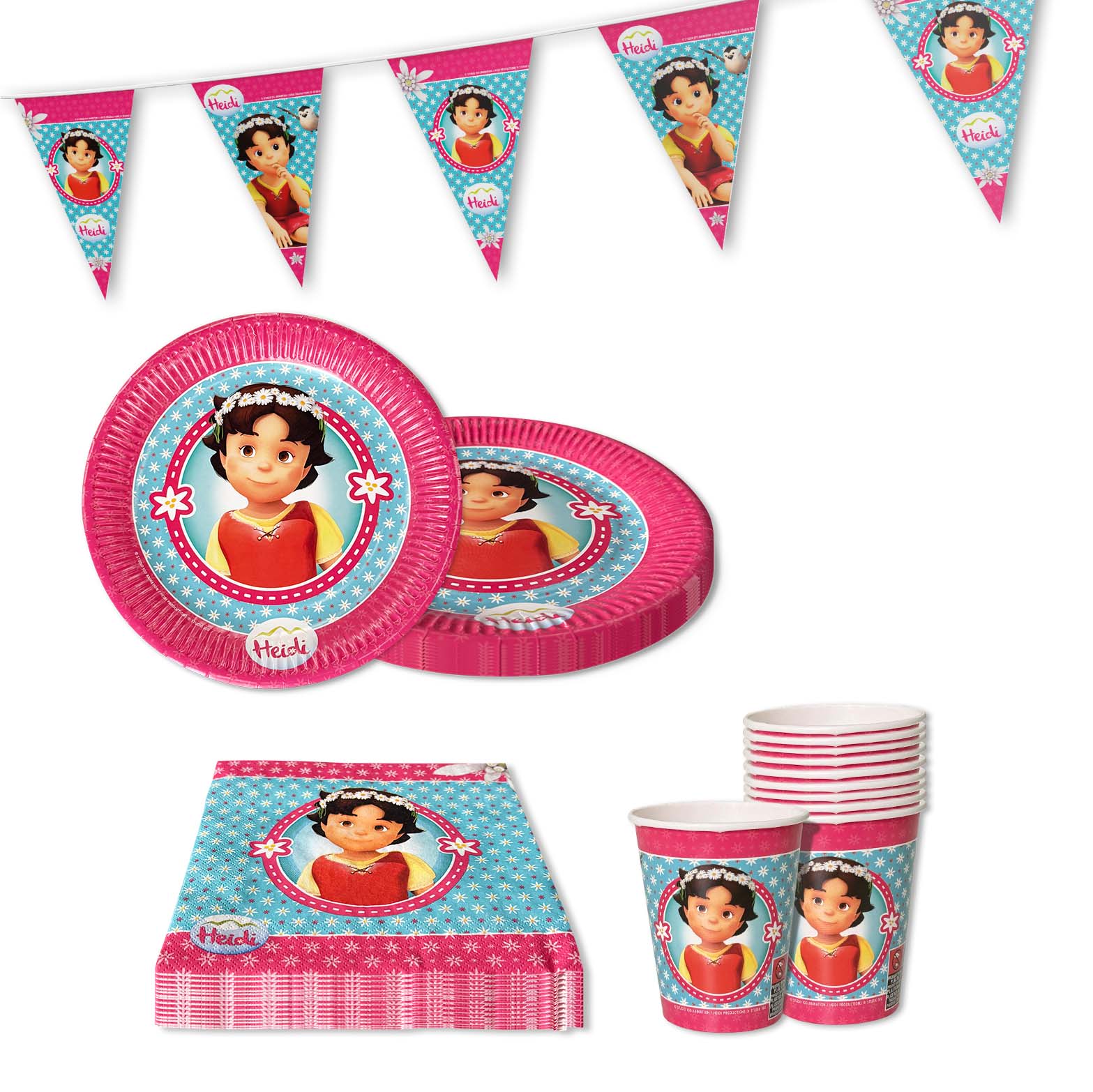 Heidi 51-tlg. Party Set – Kindergeburtstag Deko mit Bechern Tellern Tüten