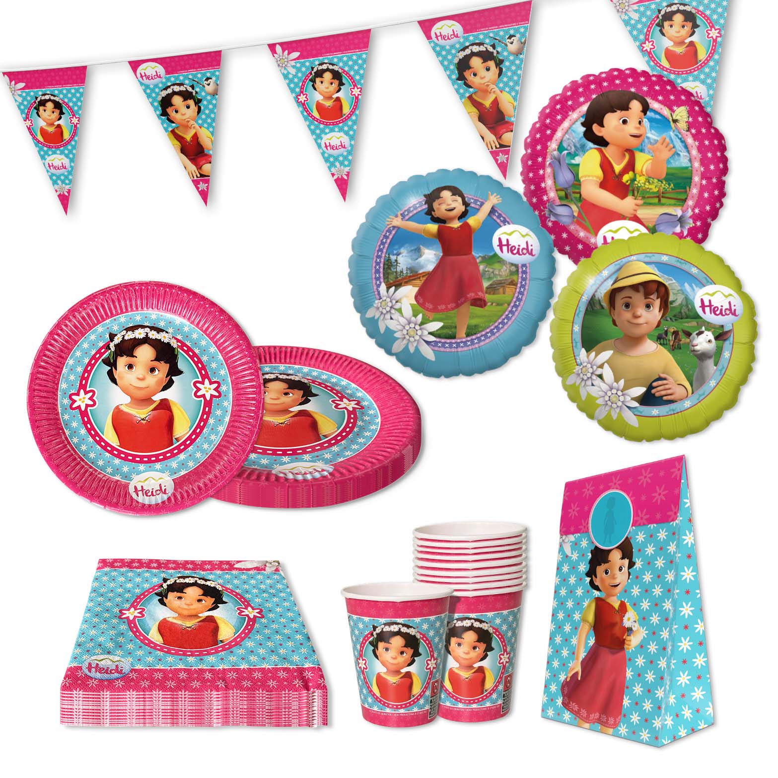 Heidi 61-tlg. Party Set – Kindergeburtstag Deko mit Folienballons Tüten
