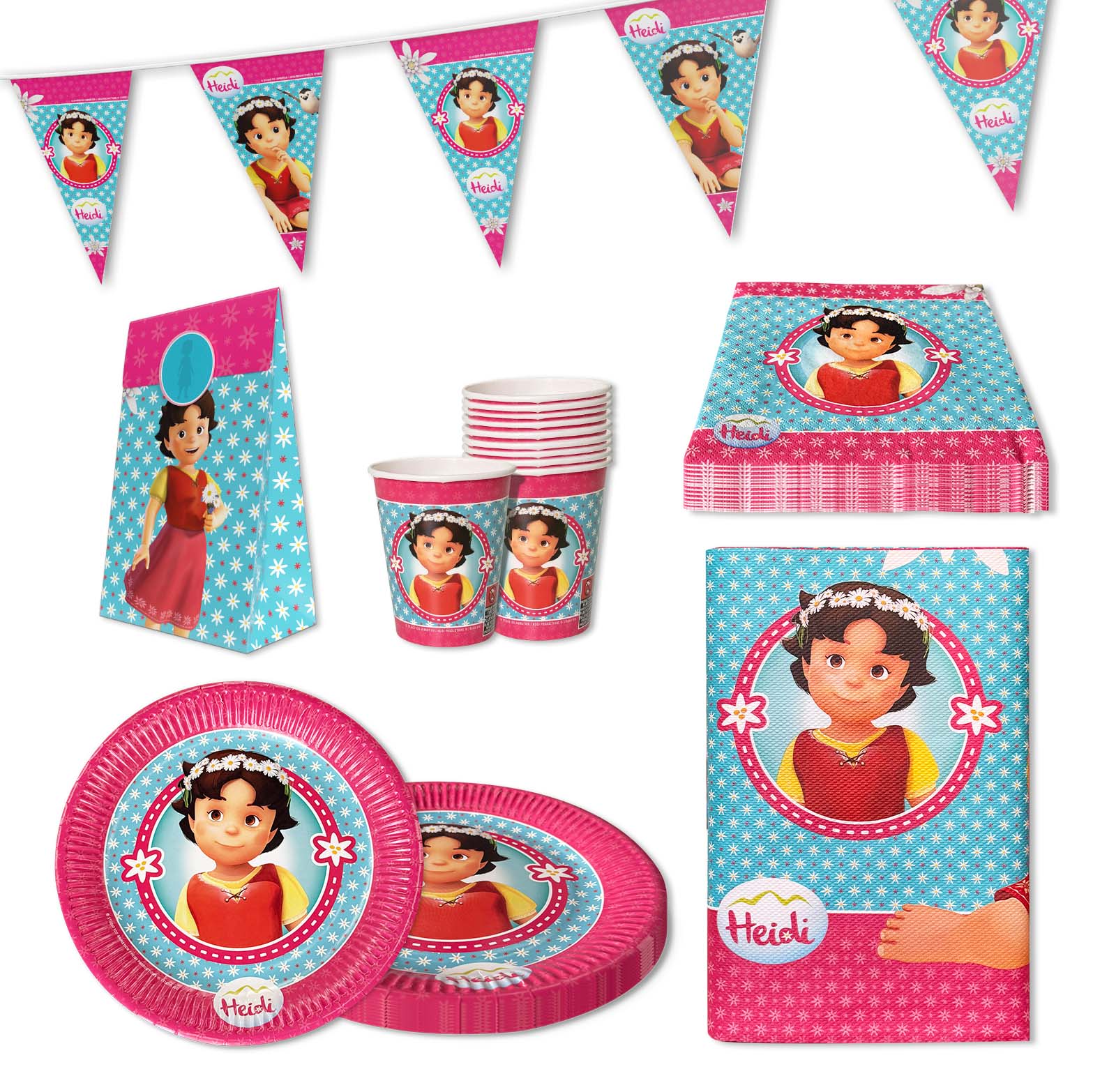 Heidi 52-tlg. Party Set – Kindergeburtstag Deko mit Bechern Tellern Tüten
