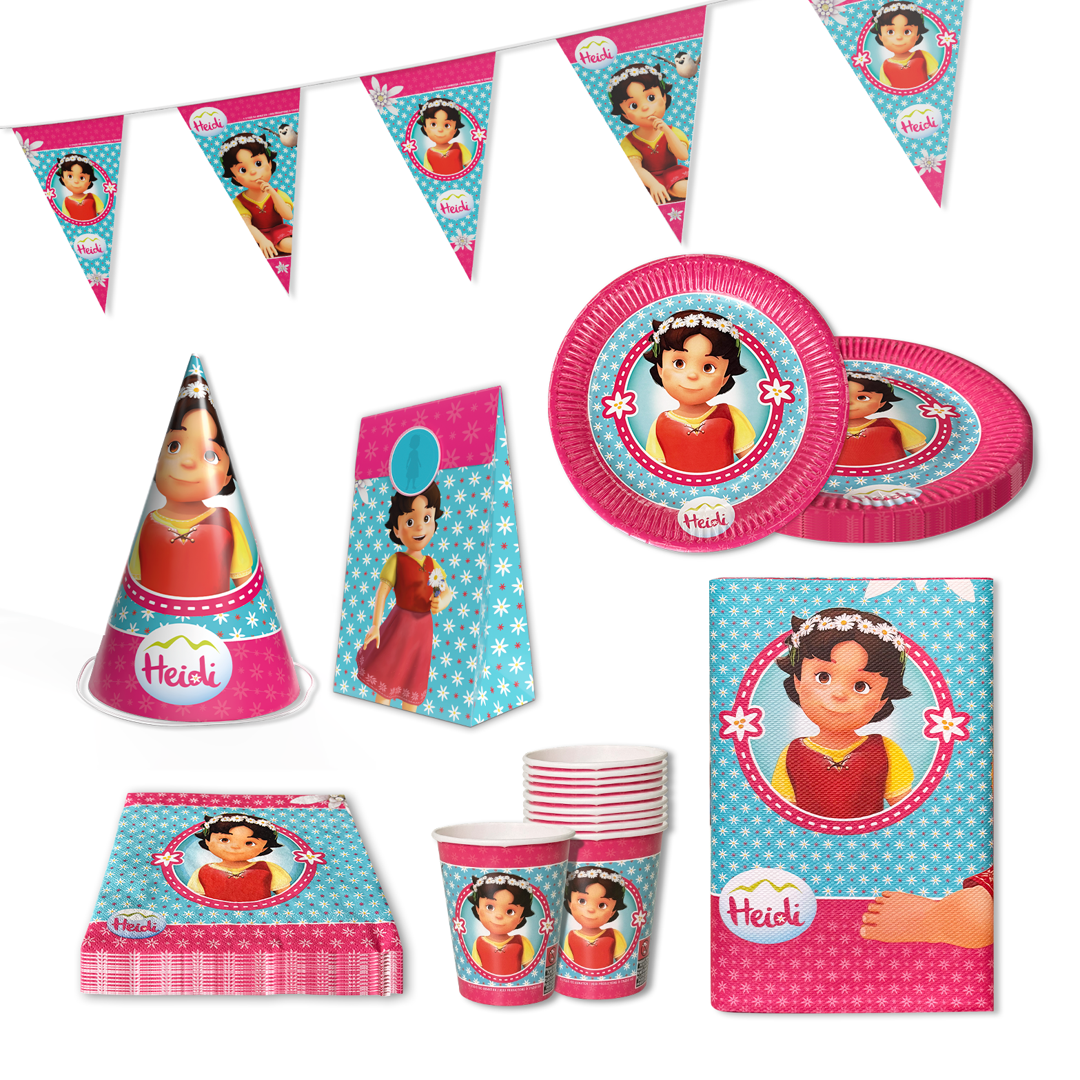 Heidi 162-tlg. Party Set – Kindergeburtstag Deko mit Hüten Tüten Wimpel