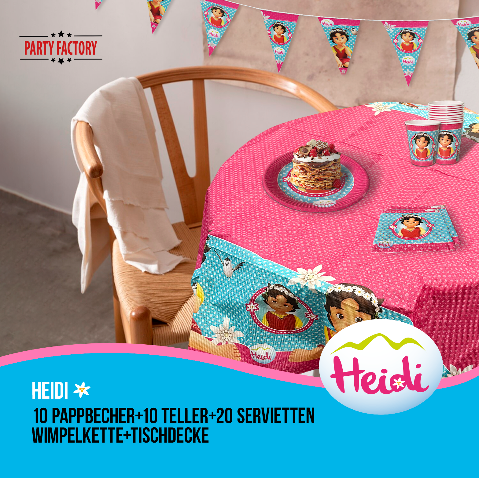 Heidi 42-tlg. Party Set – Kindergeburtstag Deko mit Bechern Tellern Servietten 2