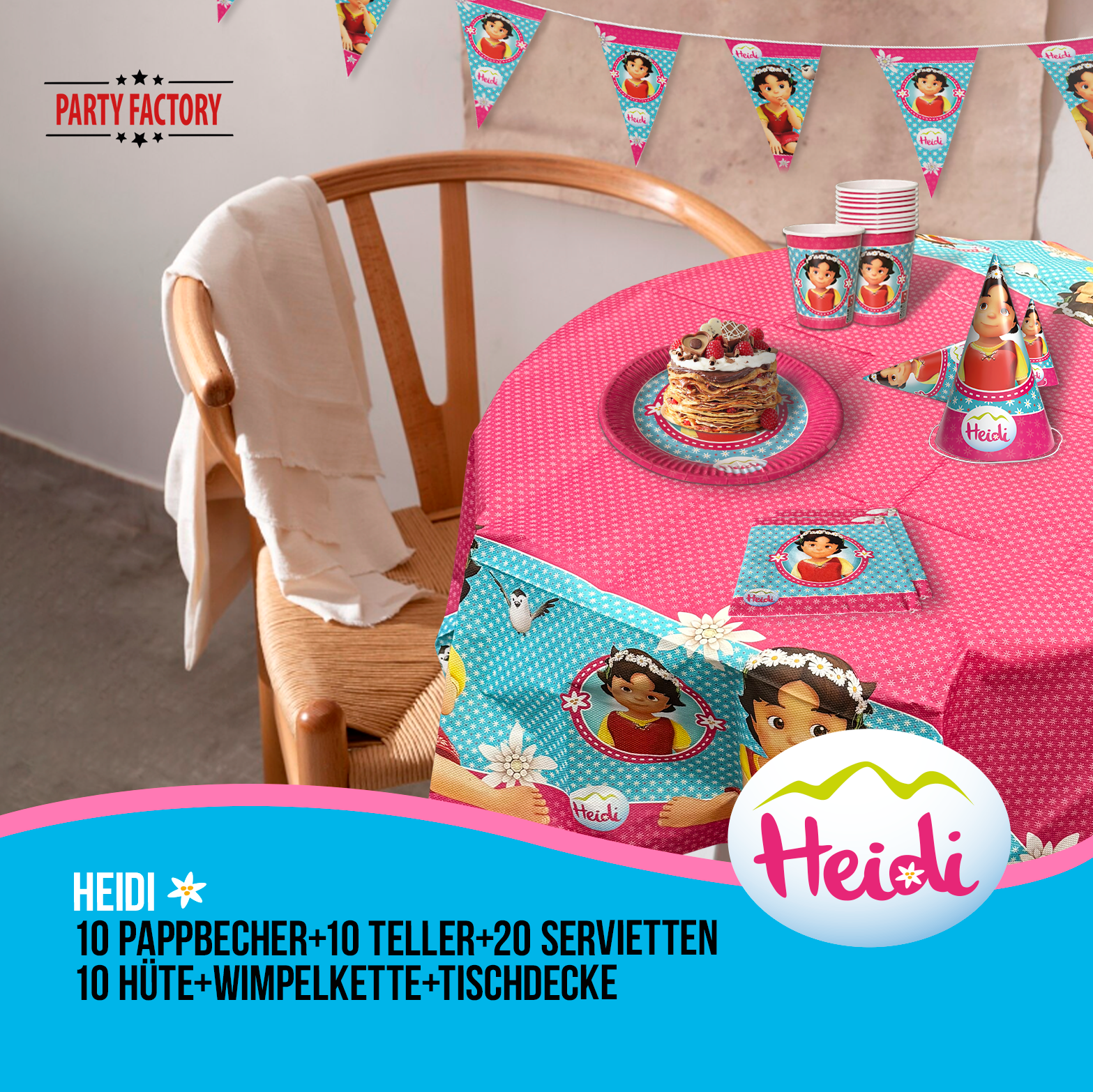 Heidi 52-tlg. Party Set – Kindergeburtstag Deko mit Hüten Wimpel Tischdecke 2