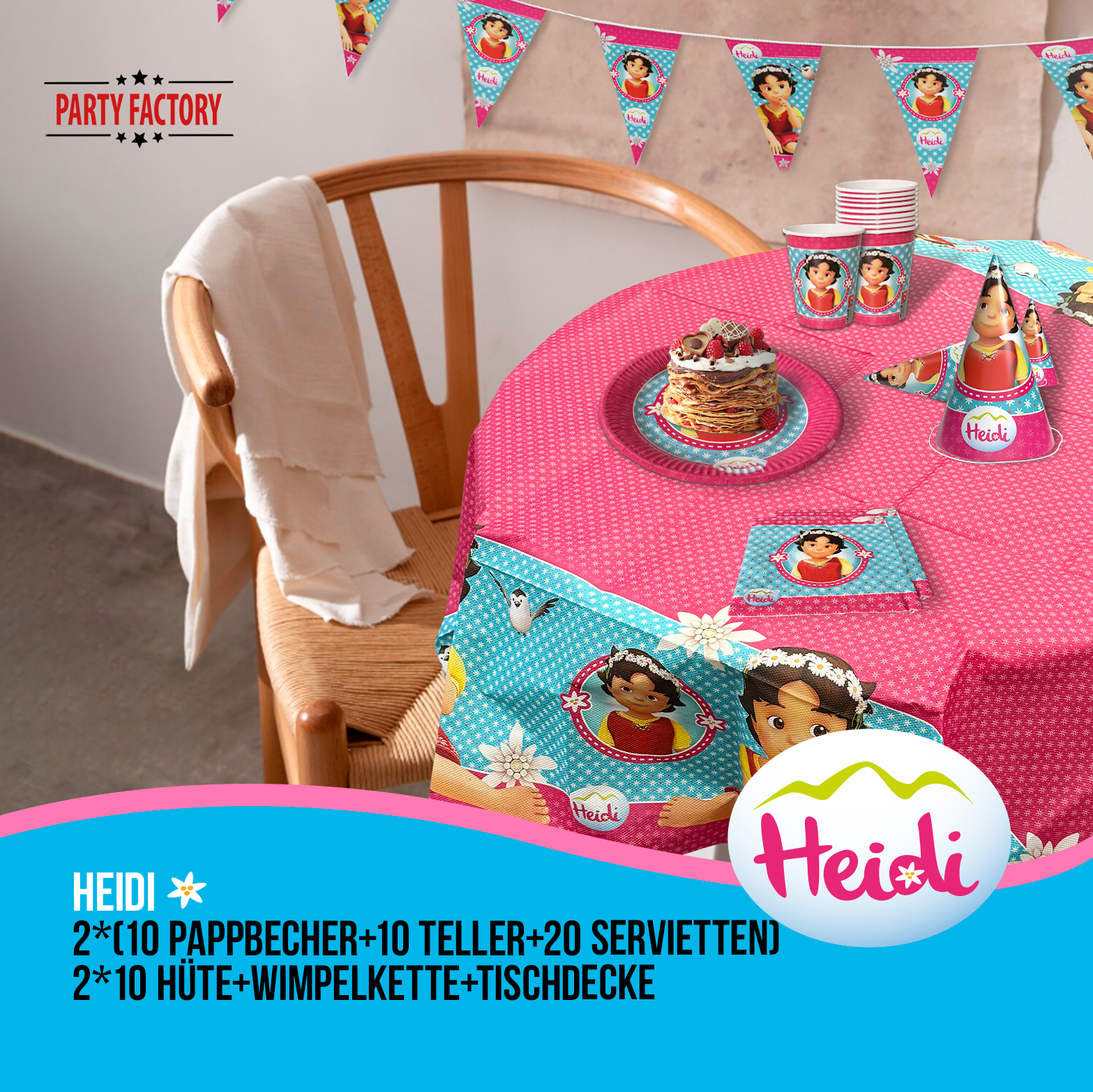 Heidi 102-tlg. Party Set – Geburtstag Deko mit Hüten Wimpel Tischdecke 2