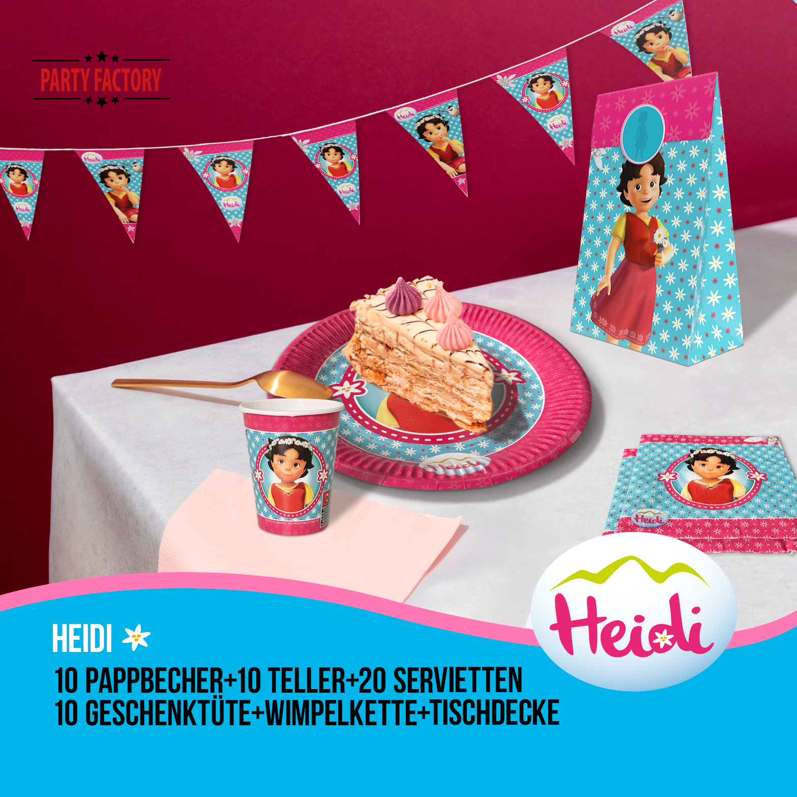 Heidi 52-tlg. Party Set – Kindergeburtstag Deko mit Bechern Tellern Tüten 2