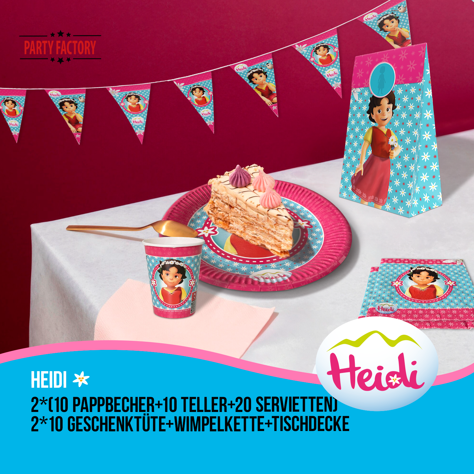 Heidi 102-tlg. Party Set – Kindergeburtstag Deko mit Bechern Tellern Tüten 2