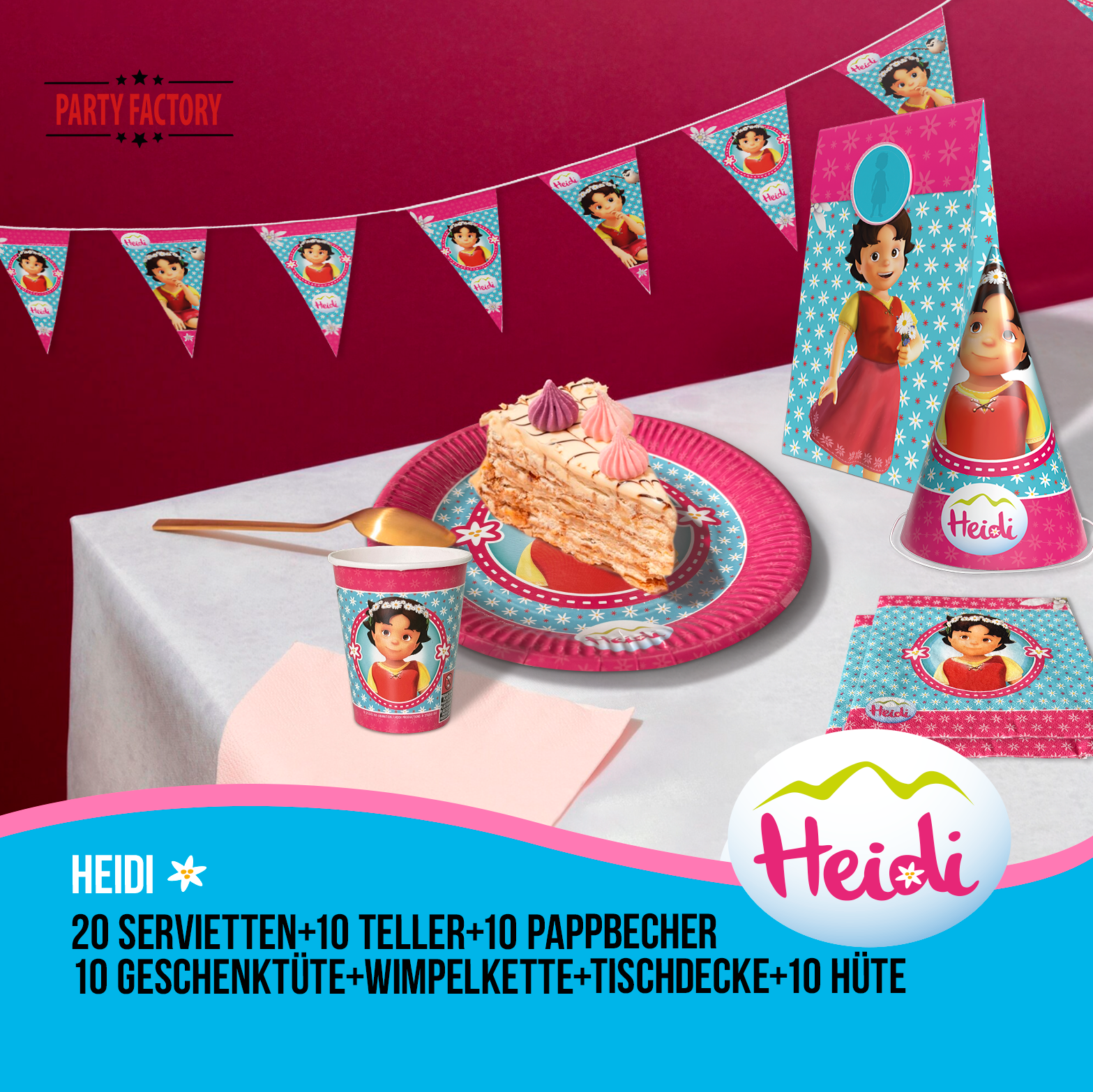 Heidi 62-tlg. Party Set – Kindergeburtstag Deko mit Hüten Wimpel Tischdecke 2