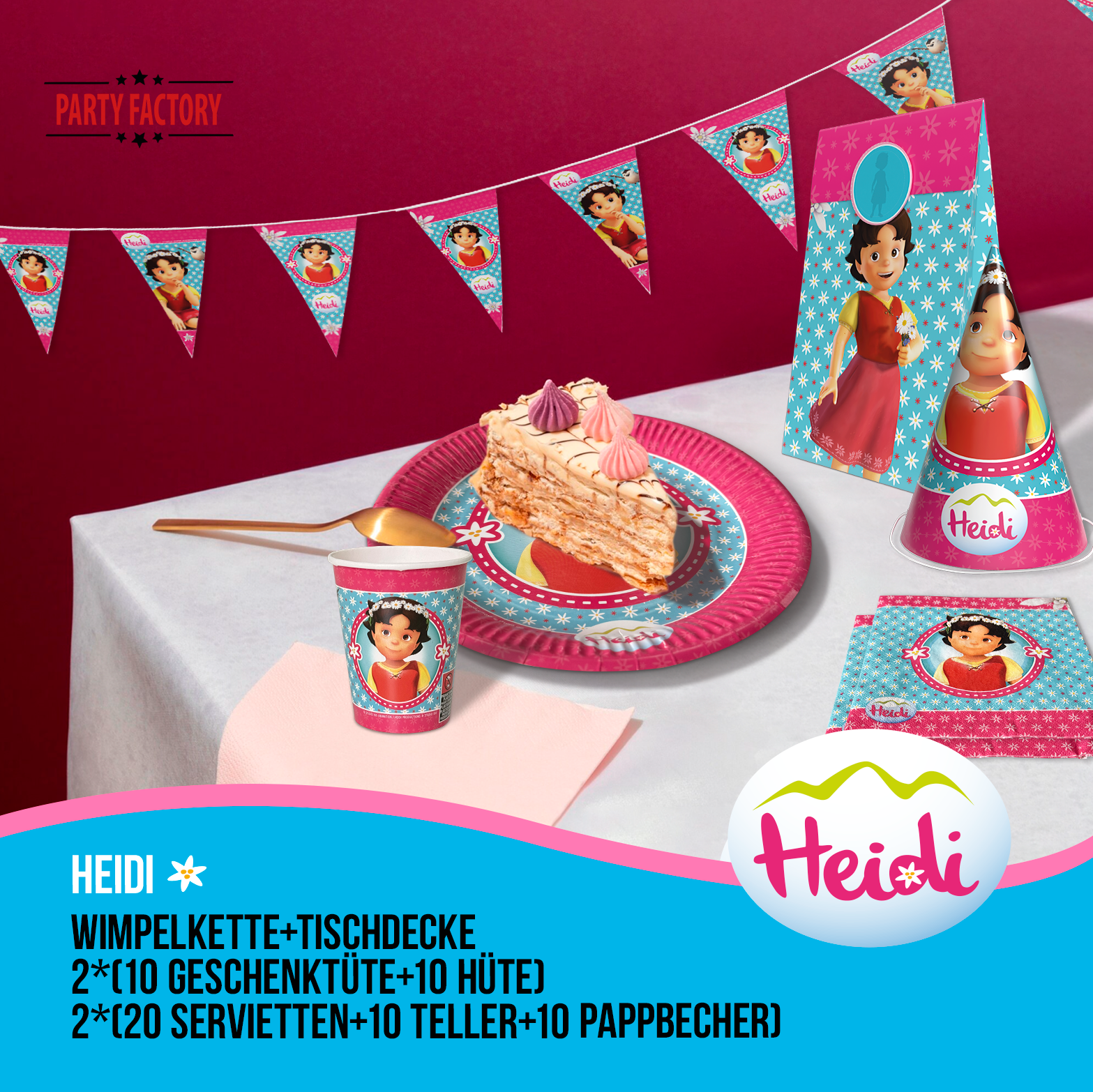 Heidi 162-tlg. Party Set – Kindergeburtstag Deko mit Hüten Tüten Wimpel 2