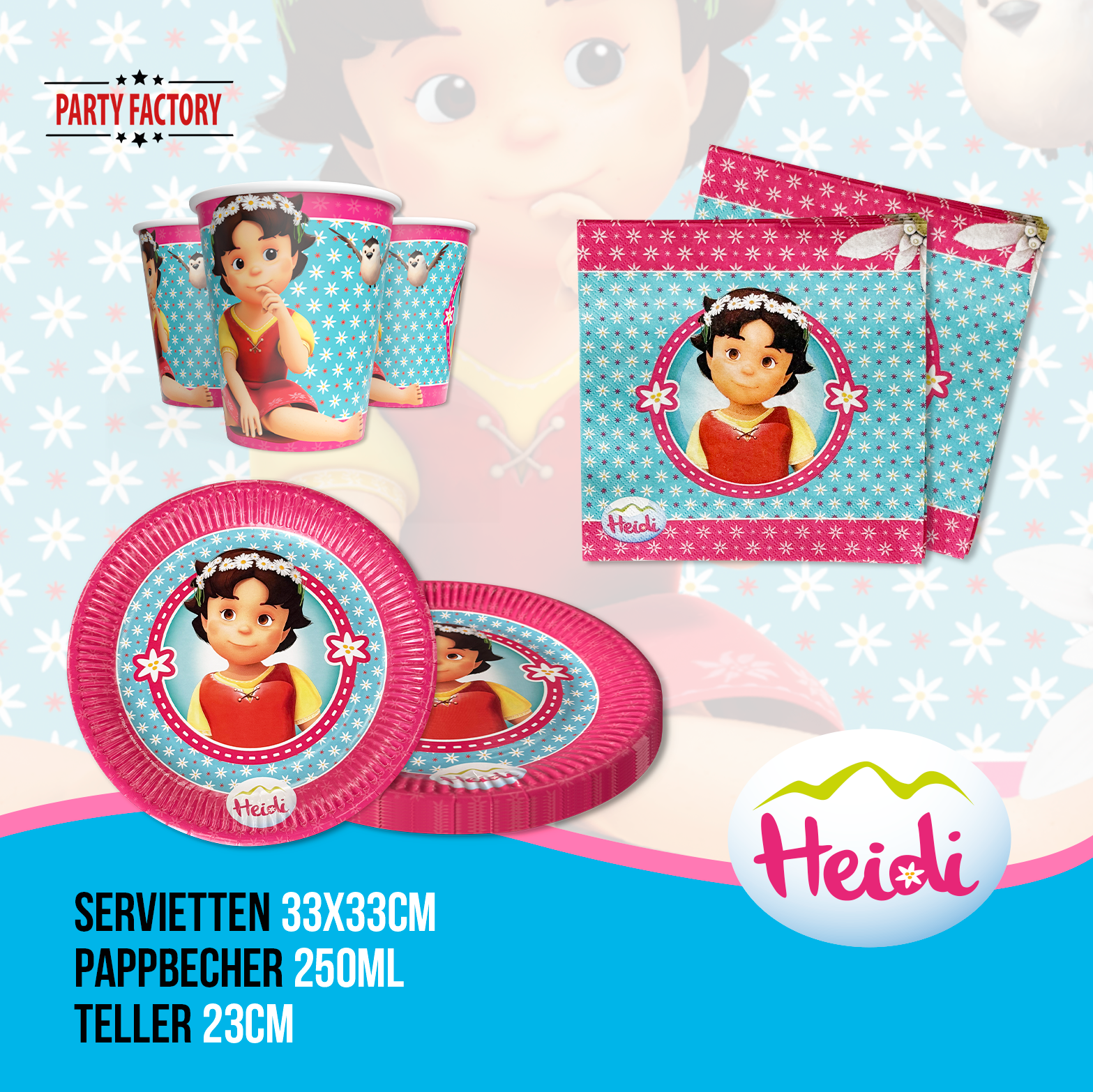 Heidi 42-tlg. Party Set – Kindergeburtstag Deko mit Bechern Tellern Servietten 3