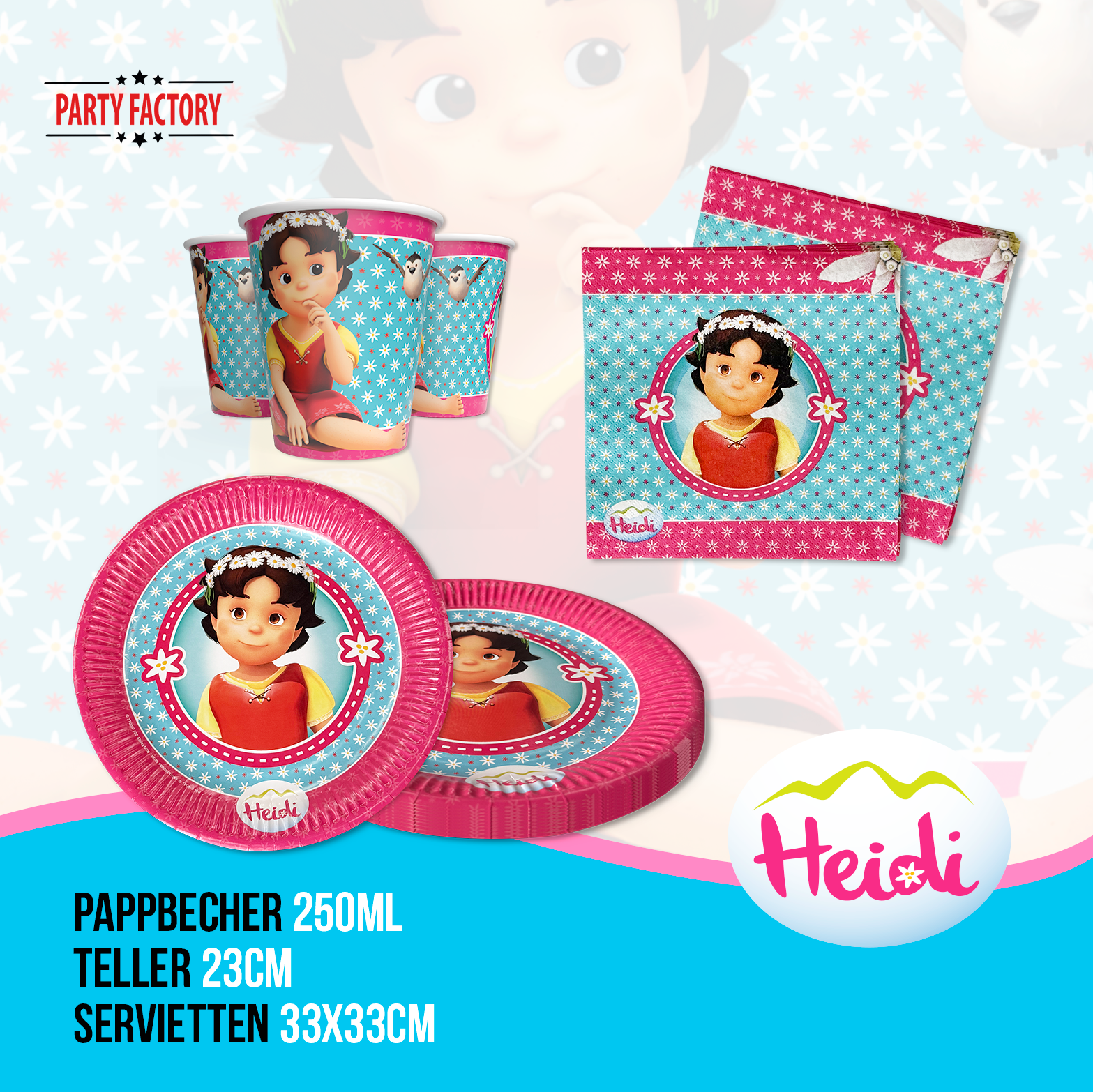 Heidi 51-tlg. Party Set – Kindergeburtstag Deko mit Bechern Tellern Tüten 3