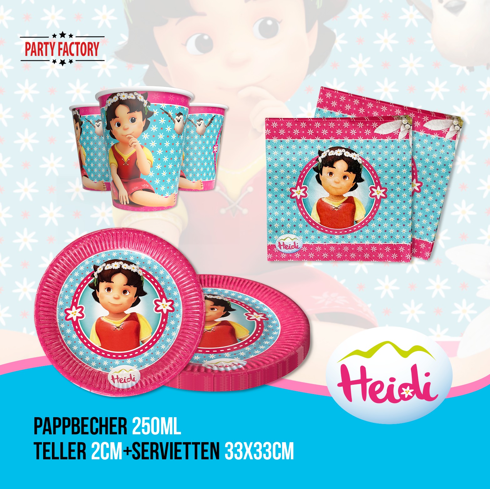 Heidi 52-tlg. Party Set – Kindergeburtstag Deko mit Bechern Tellern Tüten 14