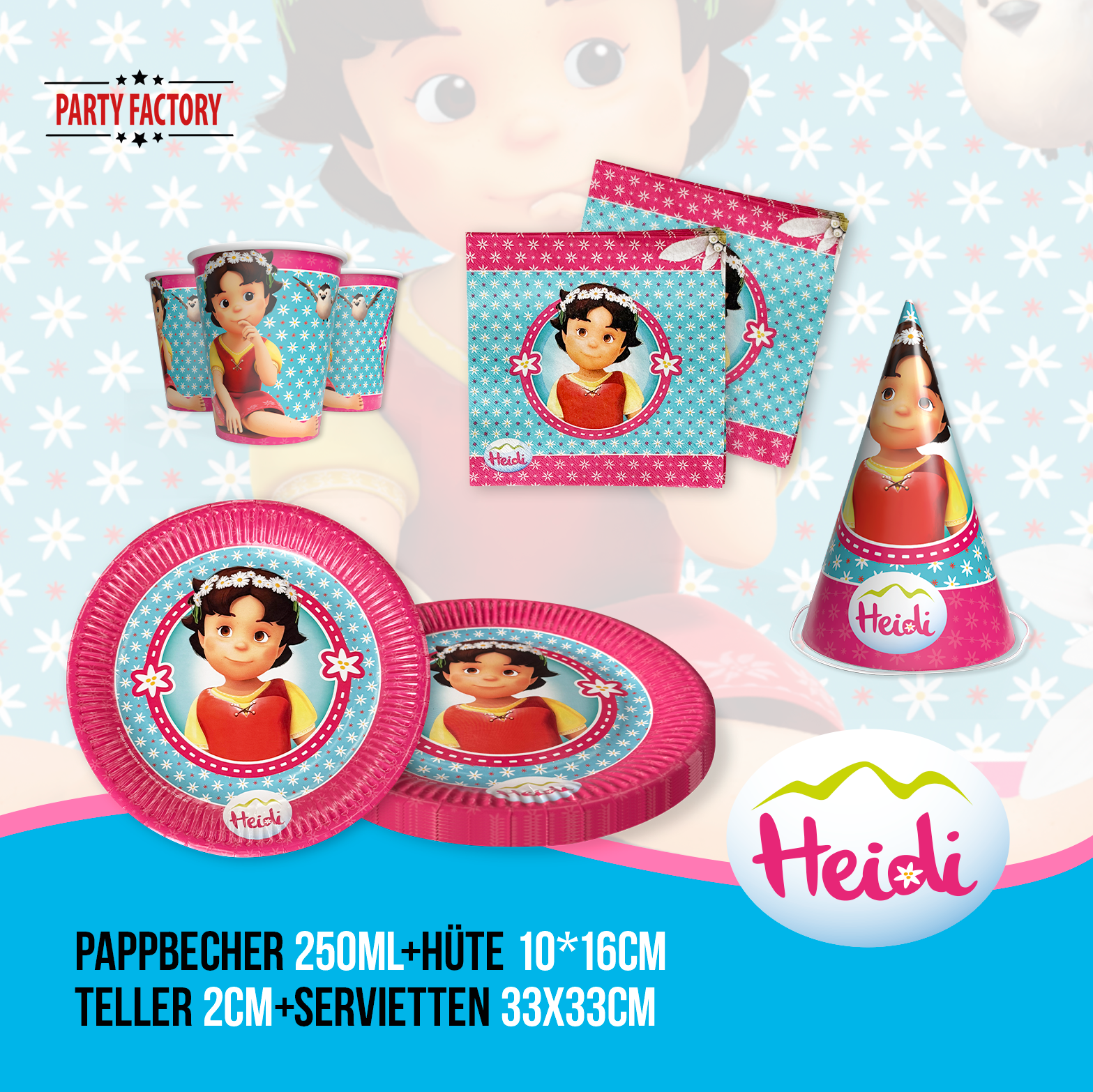 Heidi 62-tlg. Party Set – Kindergeburtstag Deko mit Hüten Wimpel Tischdecke 3