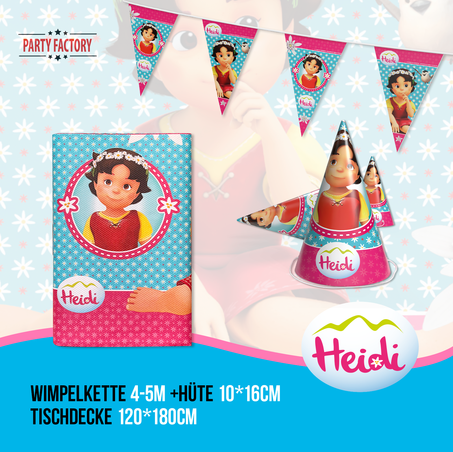 Heidi 52-tlg. Party Set – Kindergeburtstag Deko mit Hüten Wimpel Tischdecke 4