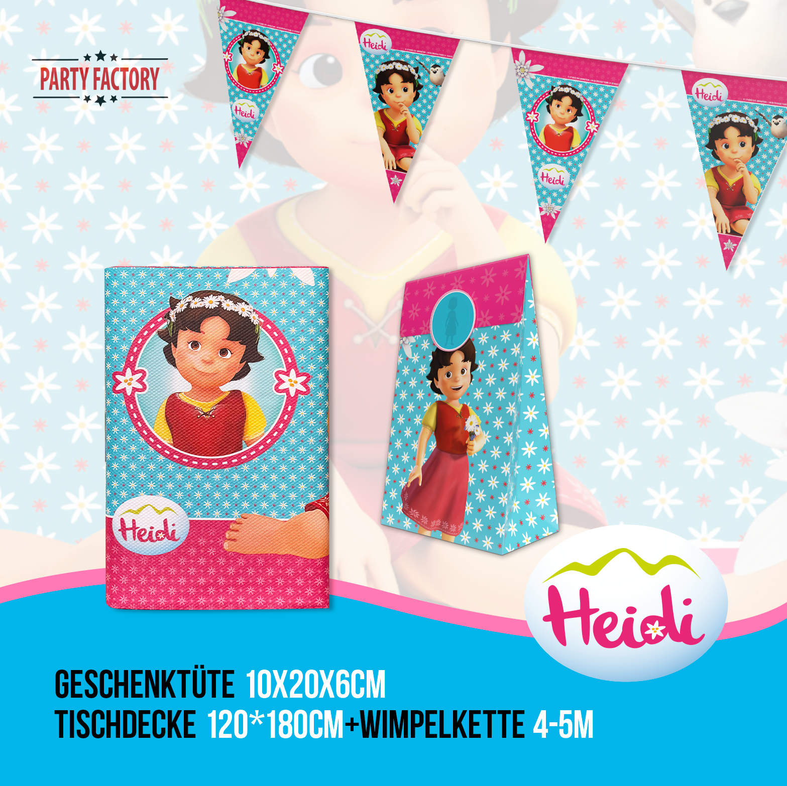 Heidi 62-tlg. Party Set – Kindergeburtstag Deko mit Hüten Wimpel Tischdecke 4