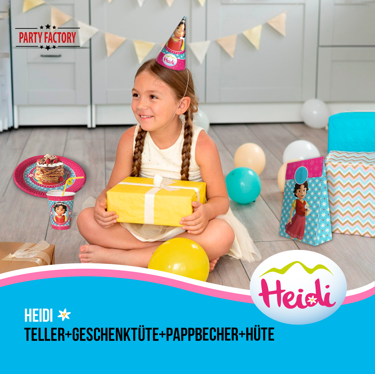 Heidi 62-tlg. Party Set – Kindergeburtstag Deko mit Hüten Wimpel Tischdecke 6