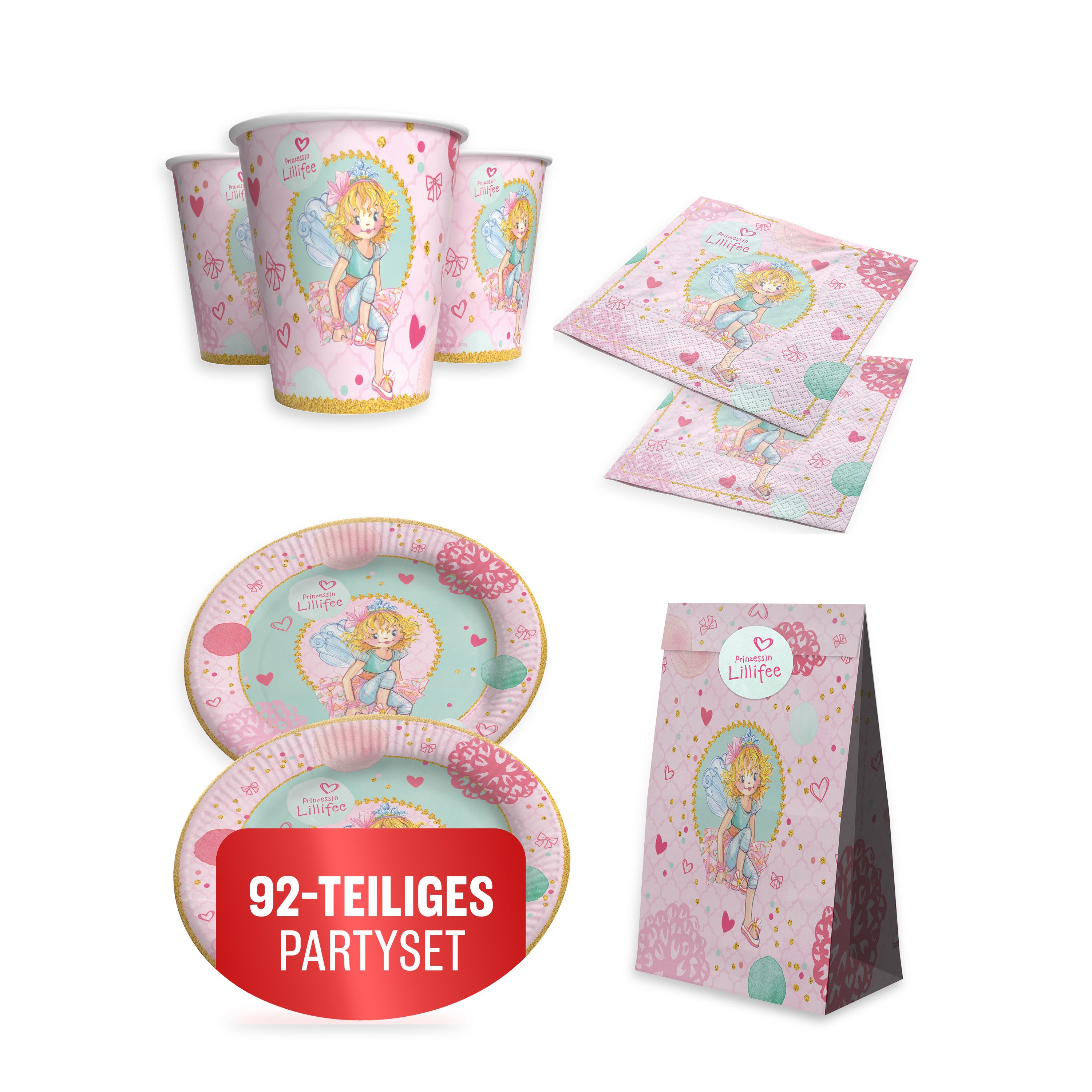 Prinzessin Lilifee 92-tlg. Party Set – Deko Geschenktüten Servietten Tellern
