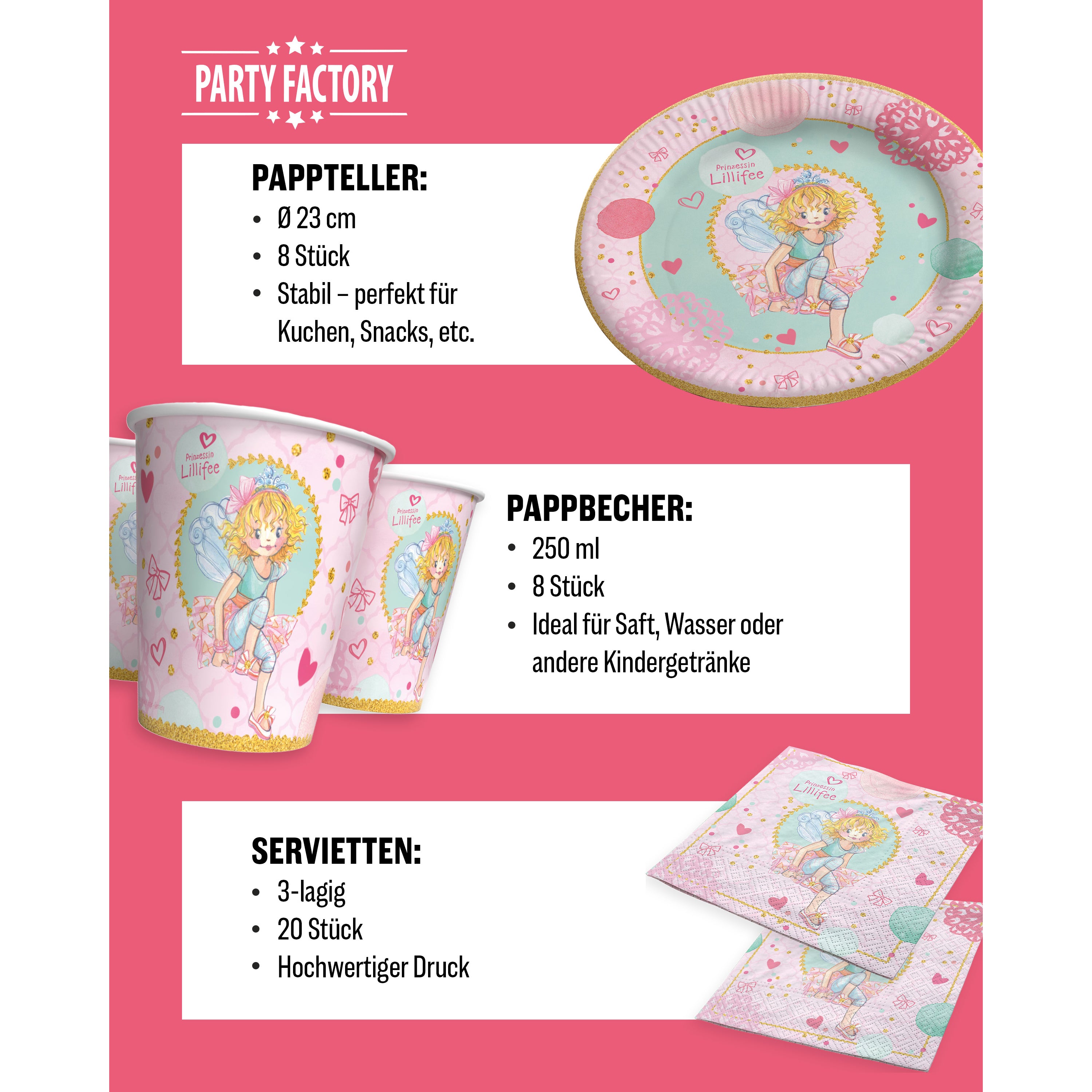 Prinzessin Lilifee 36-tlg. Party Set – Deko mit Bechern Tellern Servietten 4