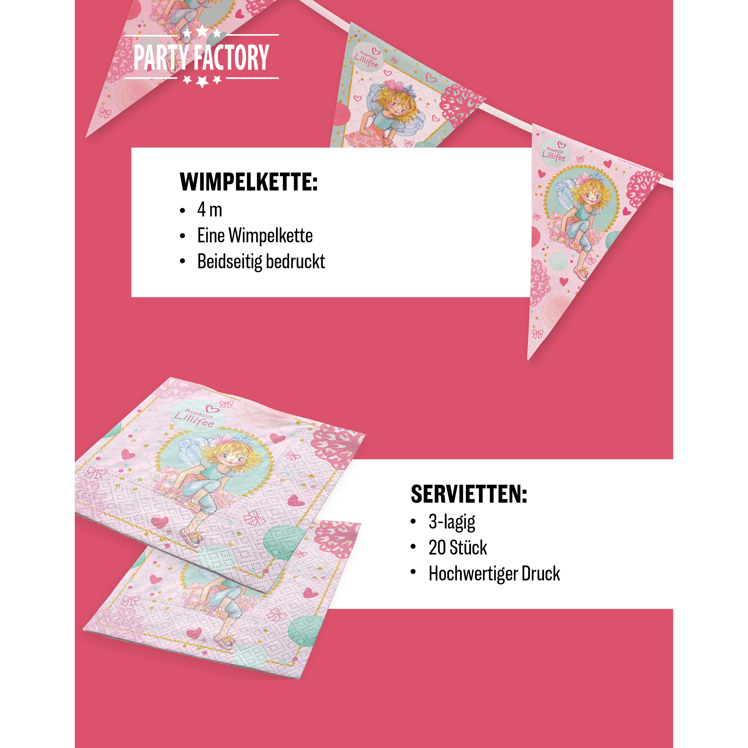Prinzessin Lilifee 37-tlg. Party Set – Deko mit Wimpel Servietten 5